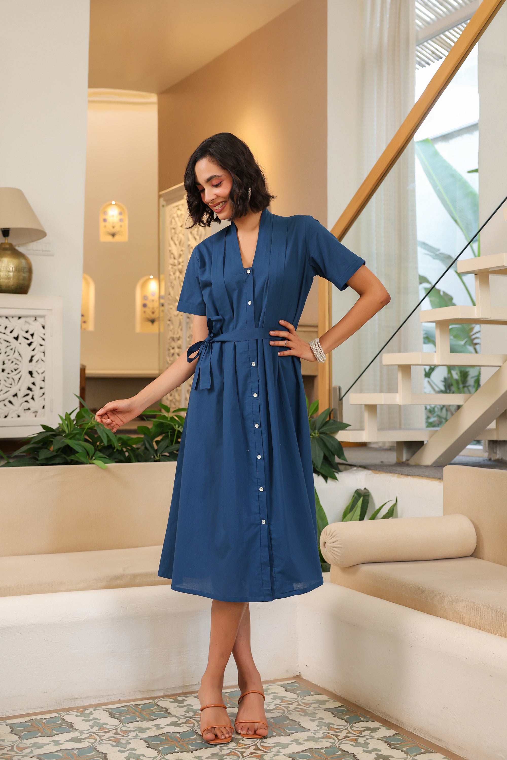 Midnight Breeze Belted Midi Cotton Dress