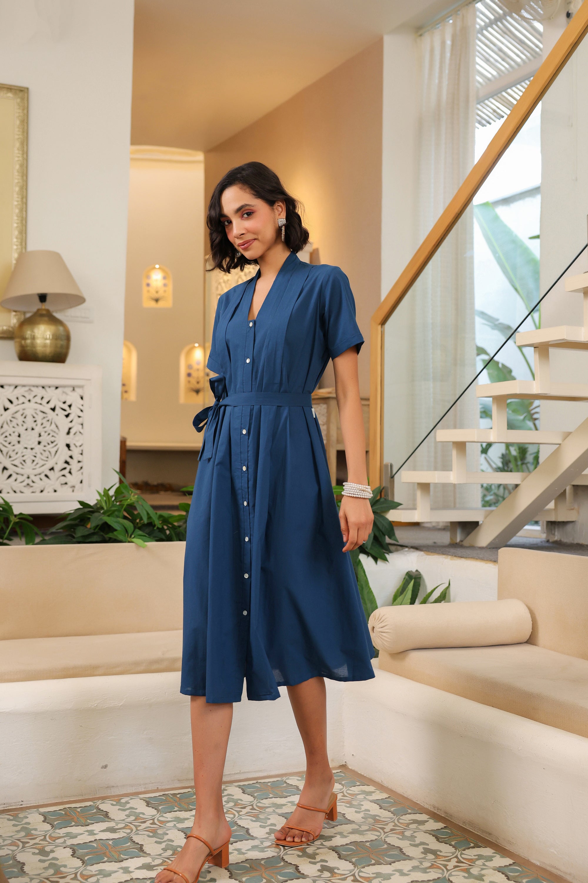 Midnight Breeze Belted Midi Cotton Dress
