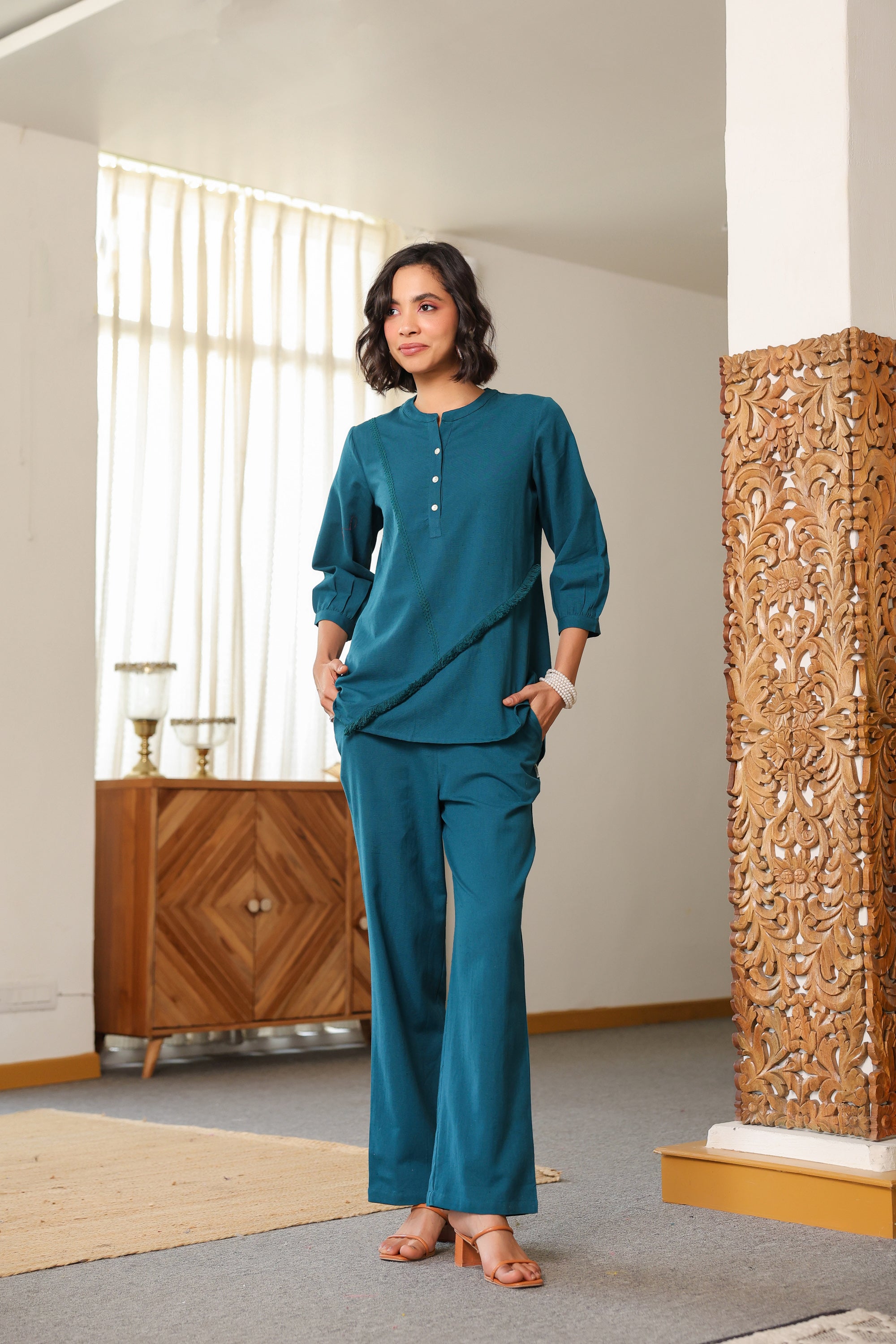 Teal Tranquility Fringe Detail Cotton Flex Co-ord Set