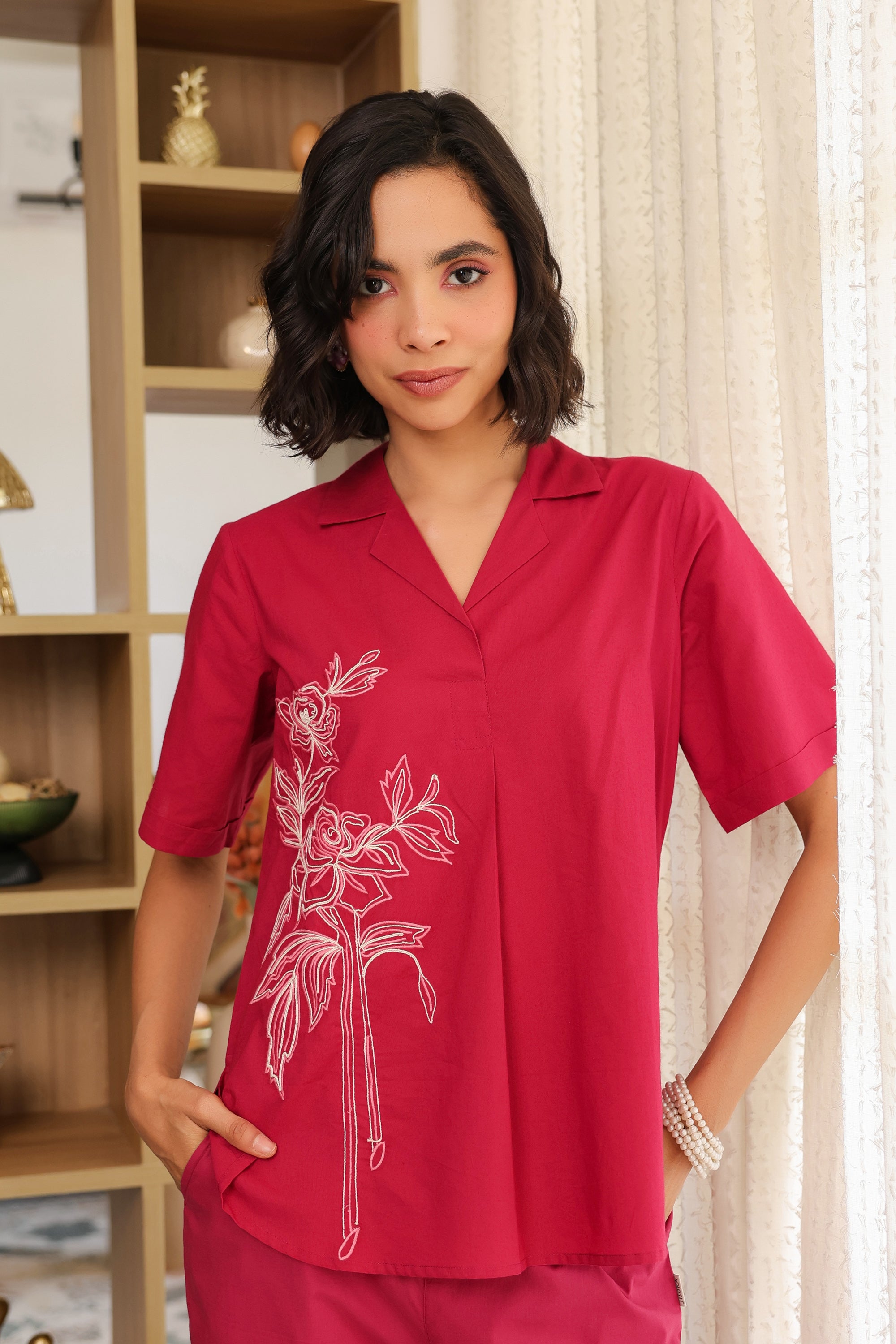 Pink Rosette Charm Embroidered Cotton Co-ord Set