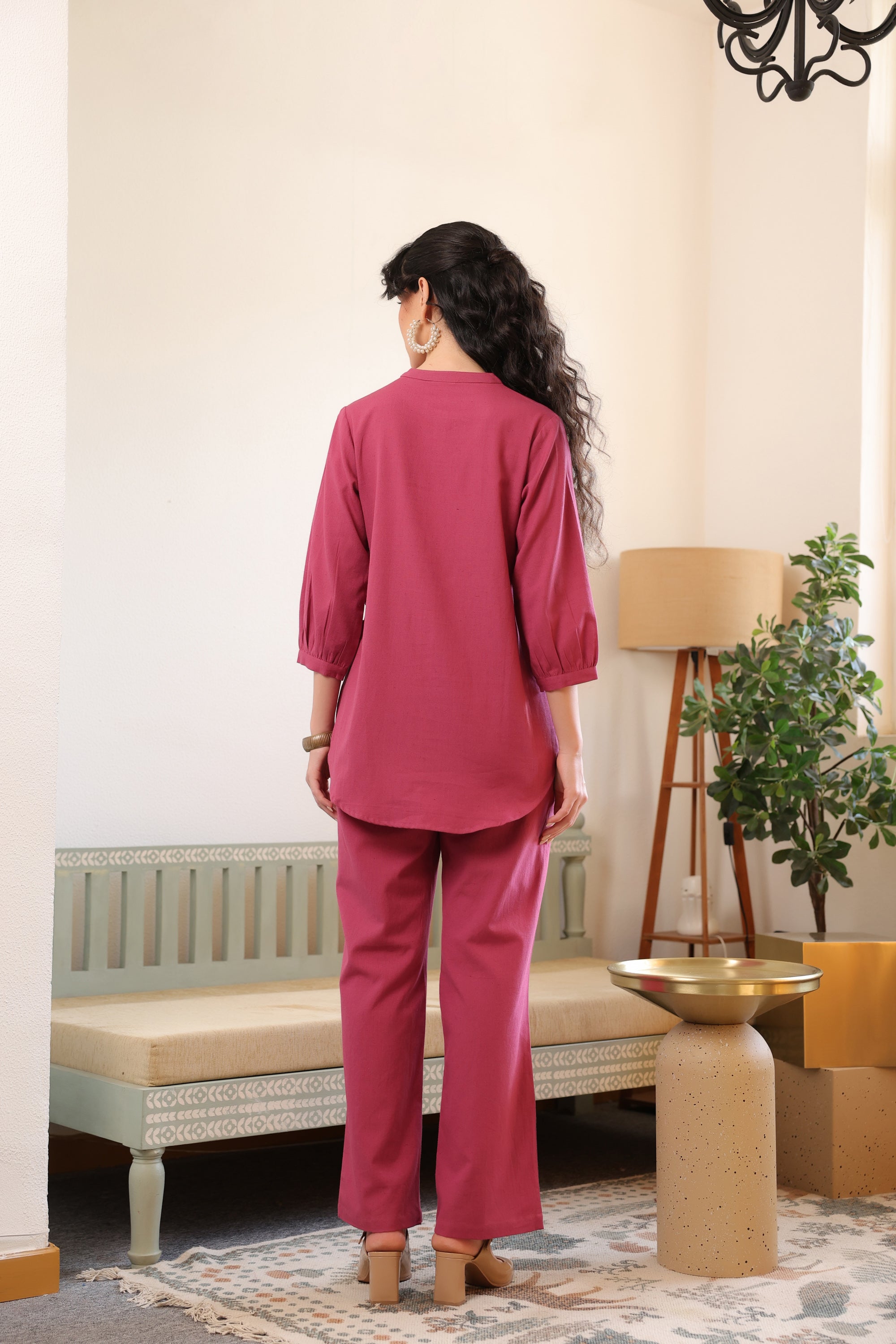 Dusky Berry Fringe Detail Cotton Flex Co-ord Set