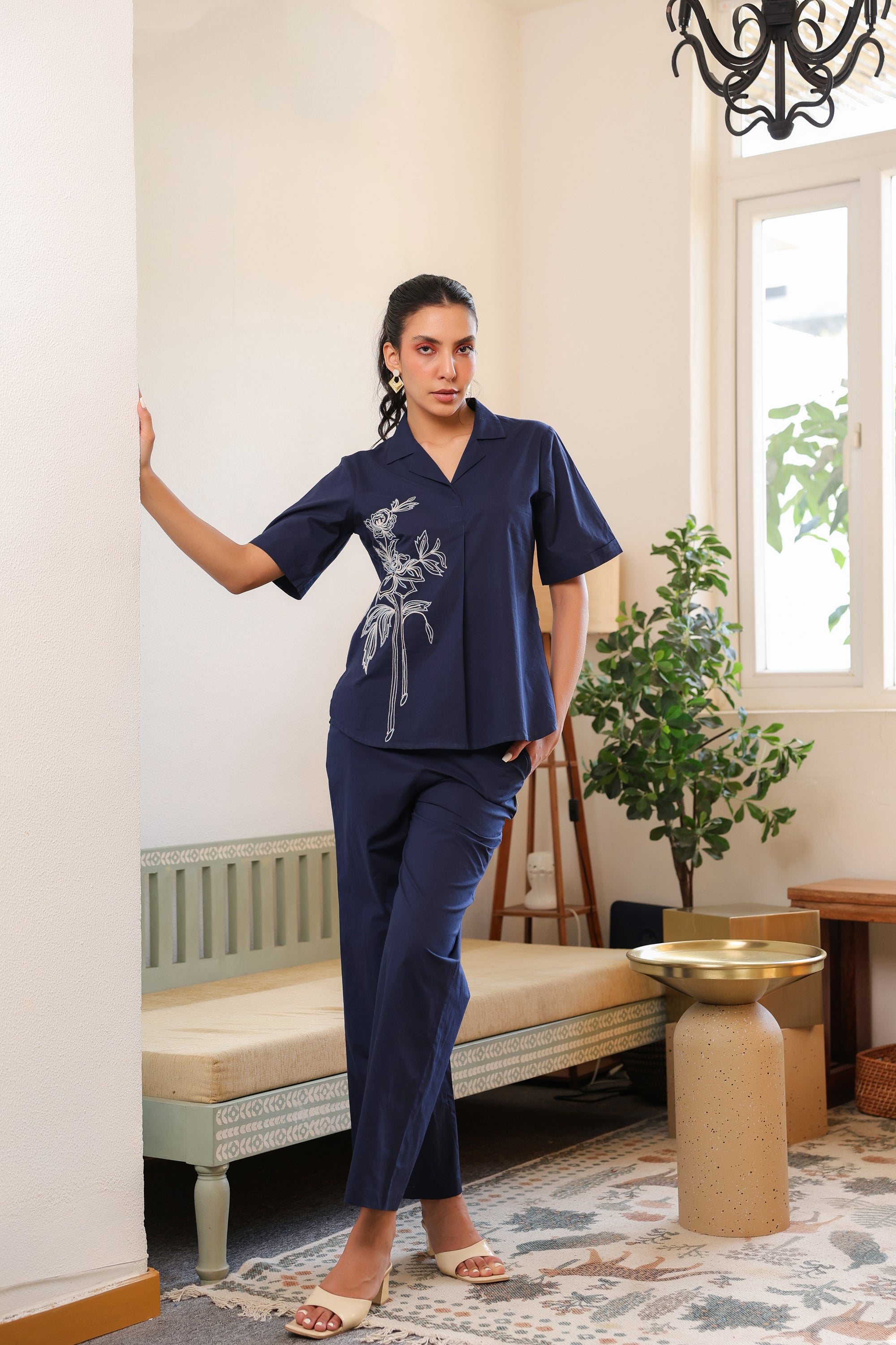 Blue Rosette Charm Embroidered Cotton Co-ord Set