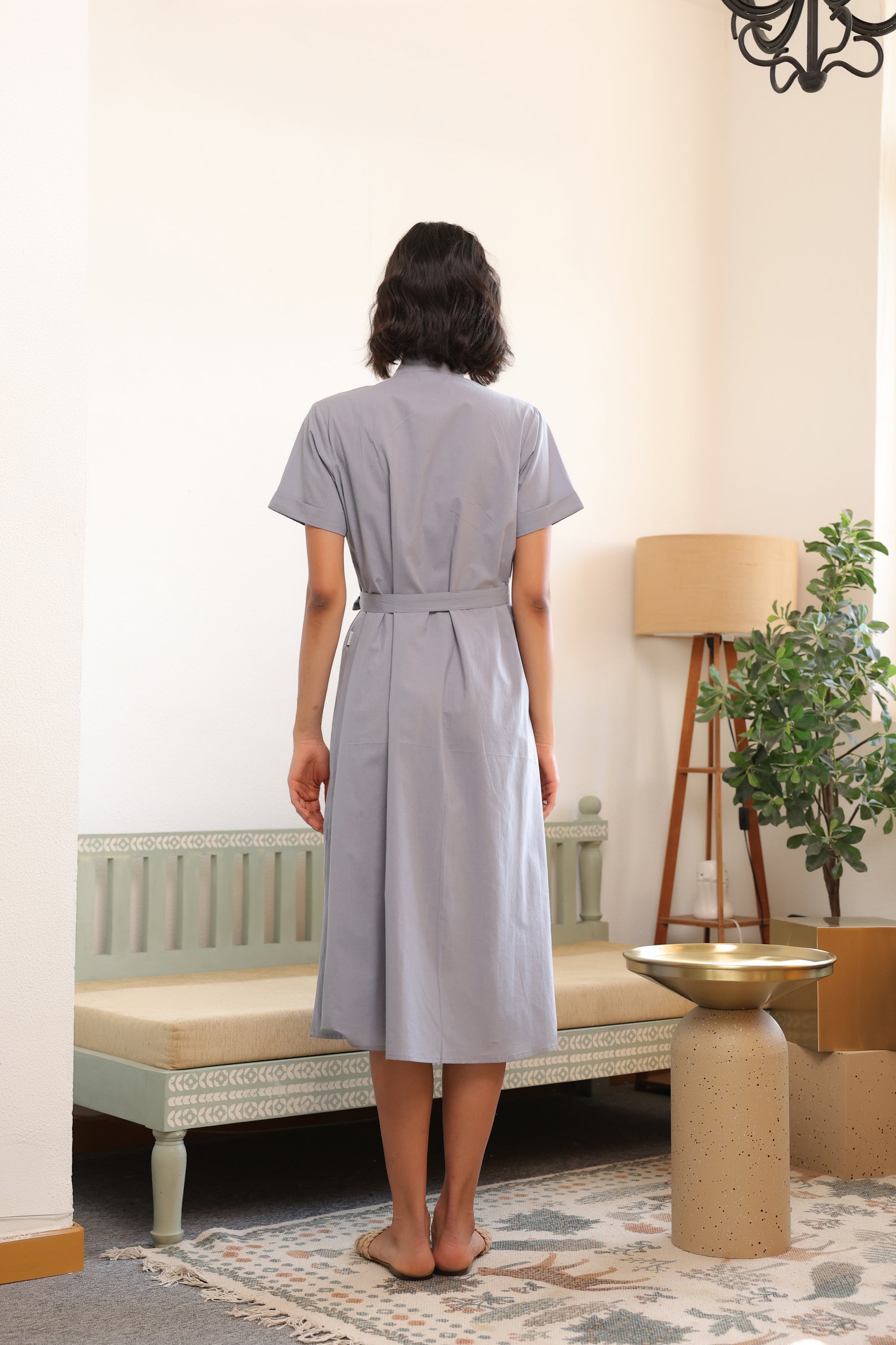 Mist Grey Button-Down Cotton Dress