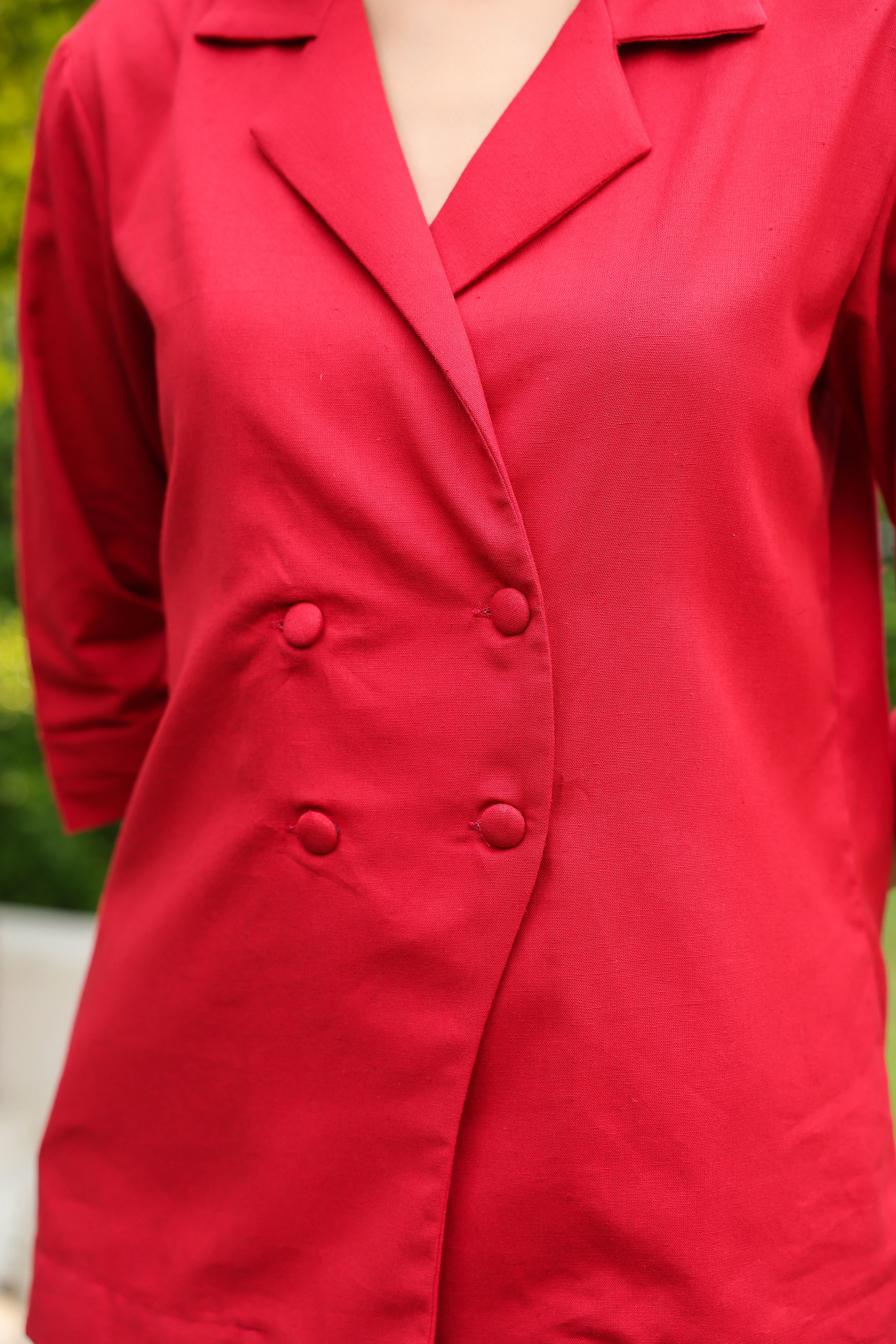 Red Blazer-Style with Notch Lapel Cotton Flex Co-ord Set