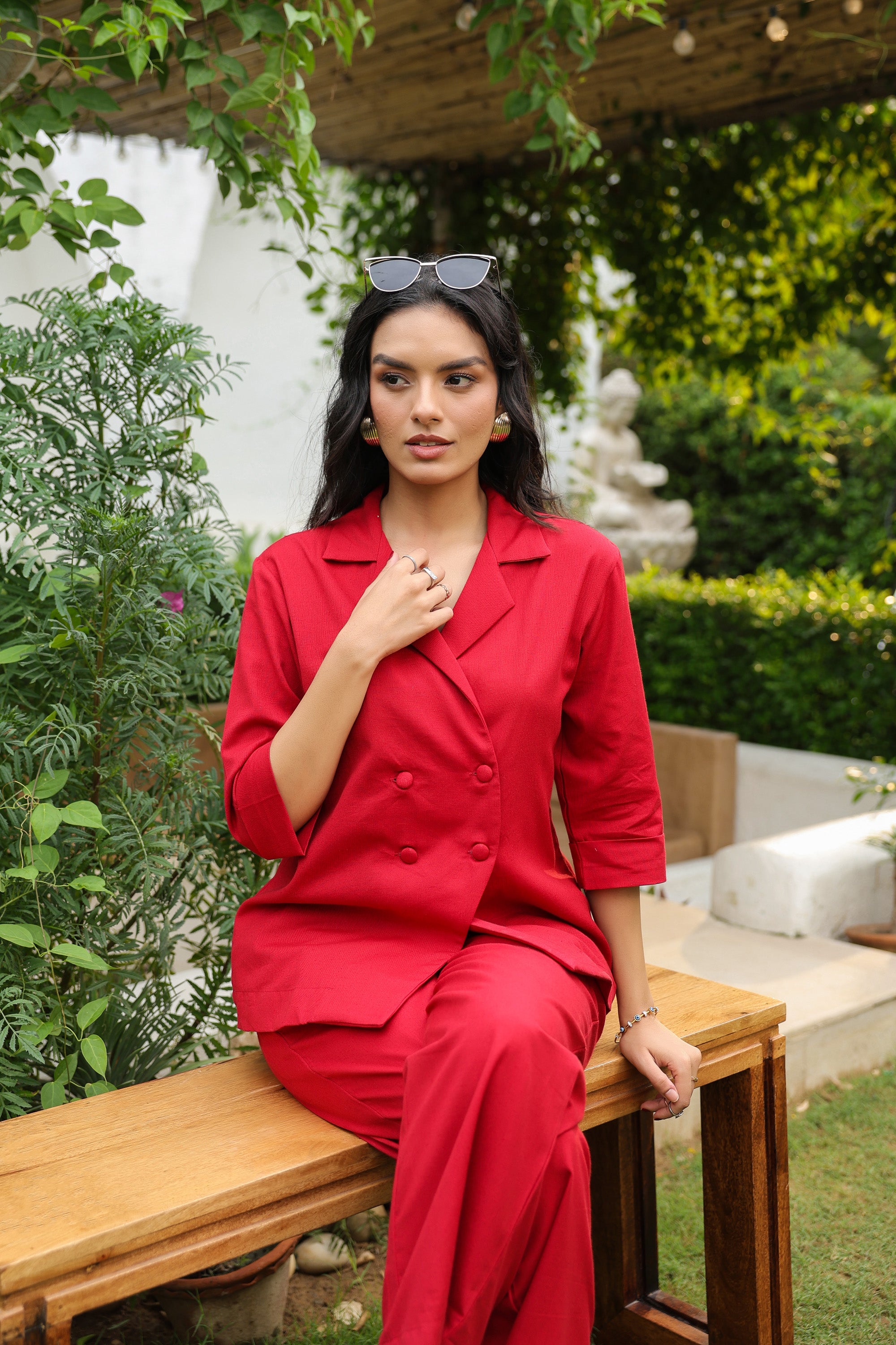 Red Blazer-Style with Notch Lapel Cotton Flex Co-ord Set