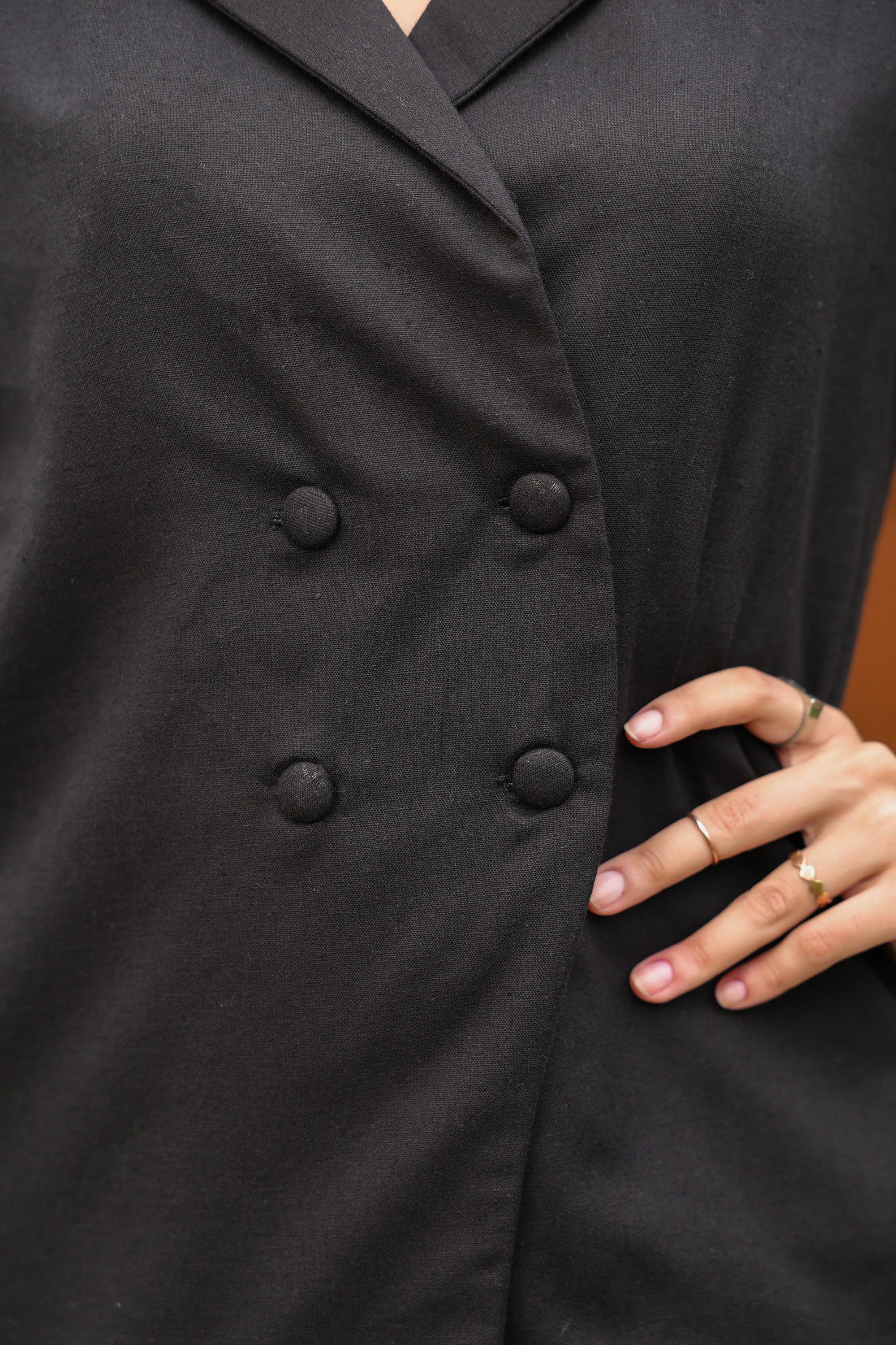 Double-Breasted Blazer Black Solid Cotton Flex Co-ord Set