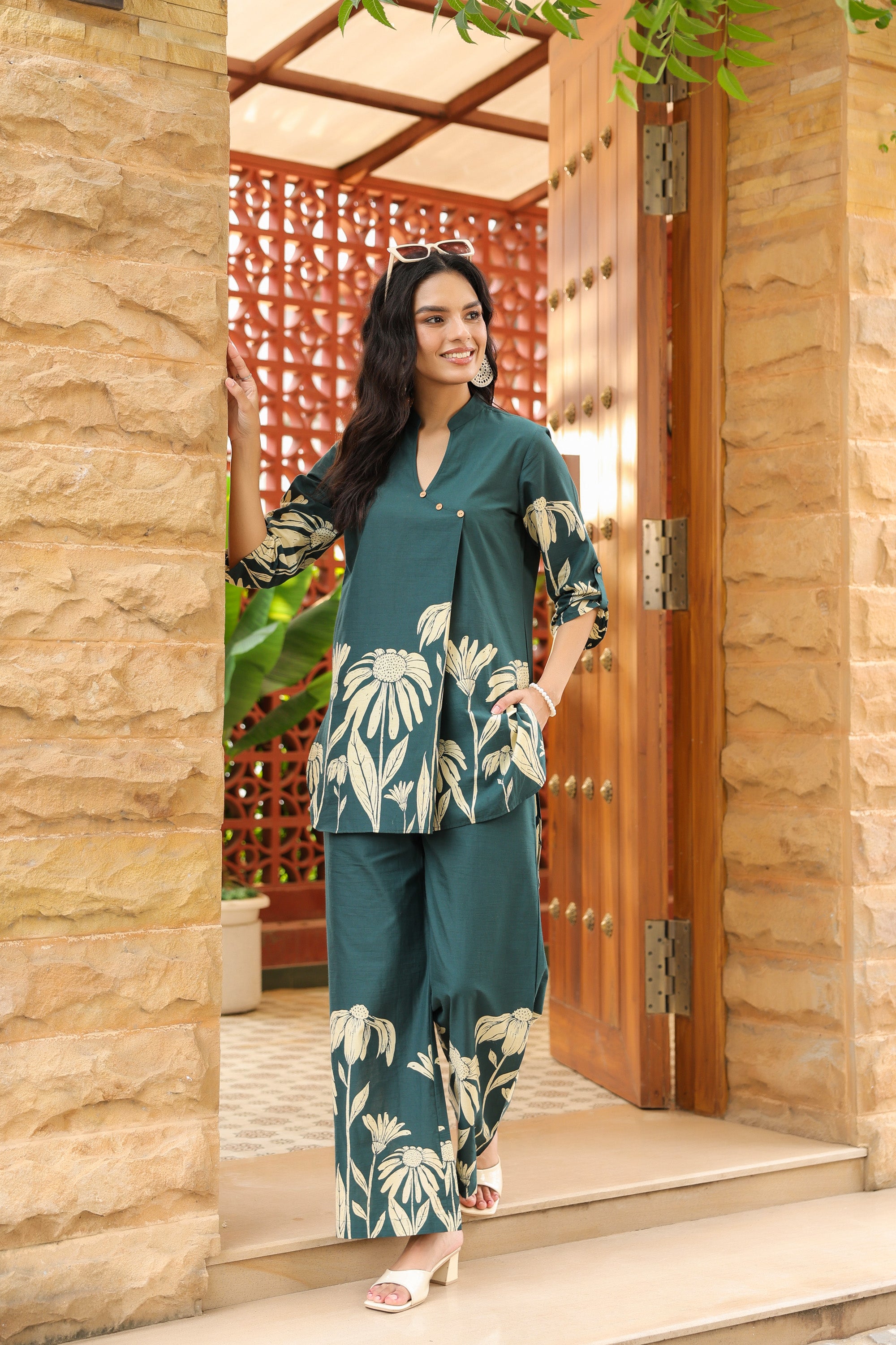 Teal Green Floral Printed Cotton Co-ord Set