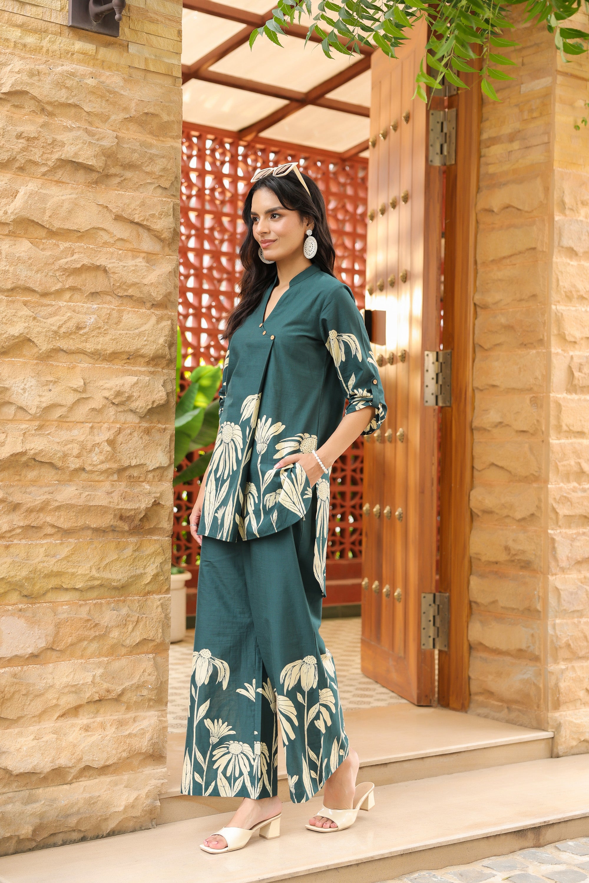 Teal Green Floral Printed Cotton Co-ord Set