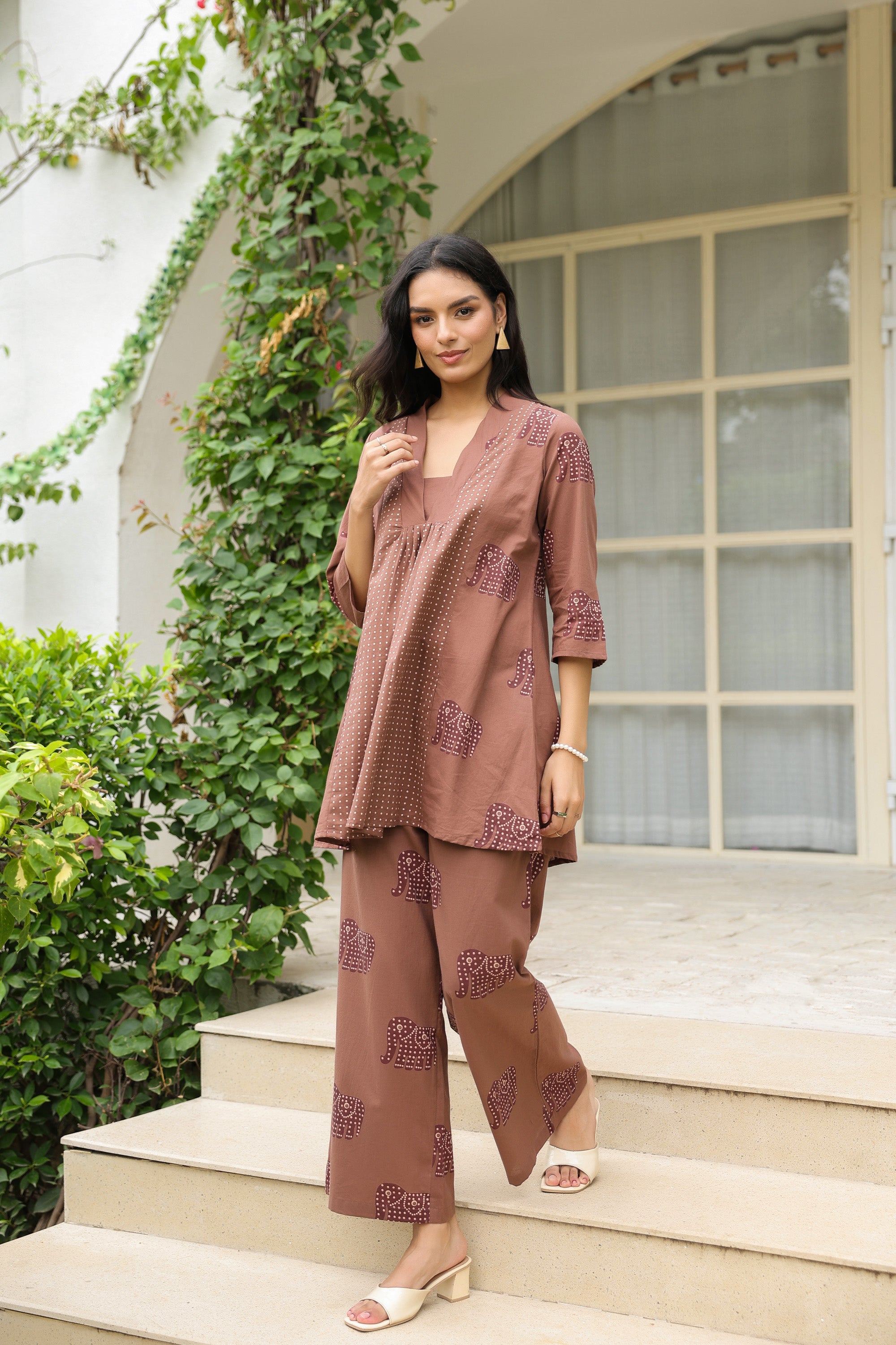 Mocha Elephant Printed Cotton Co-ord Set