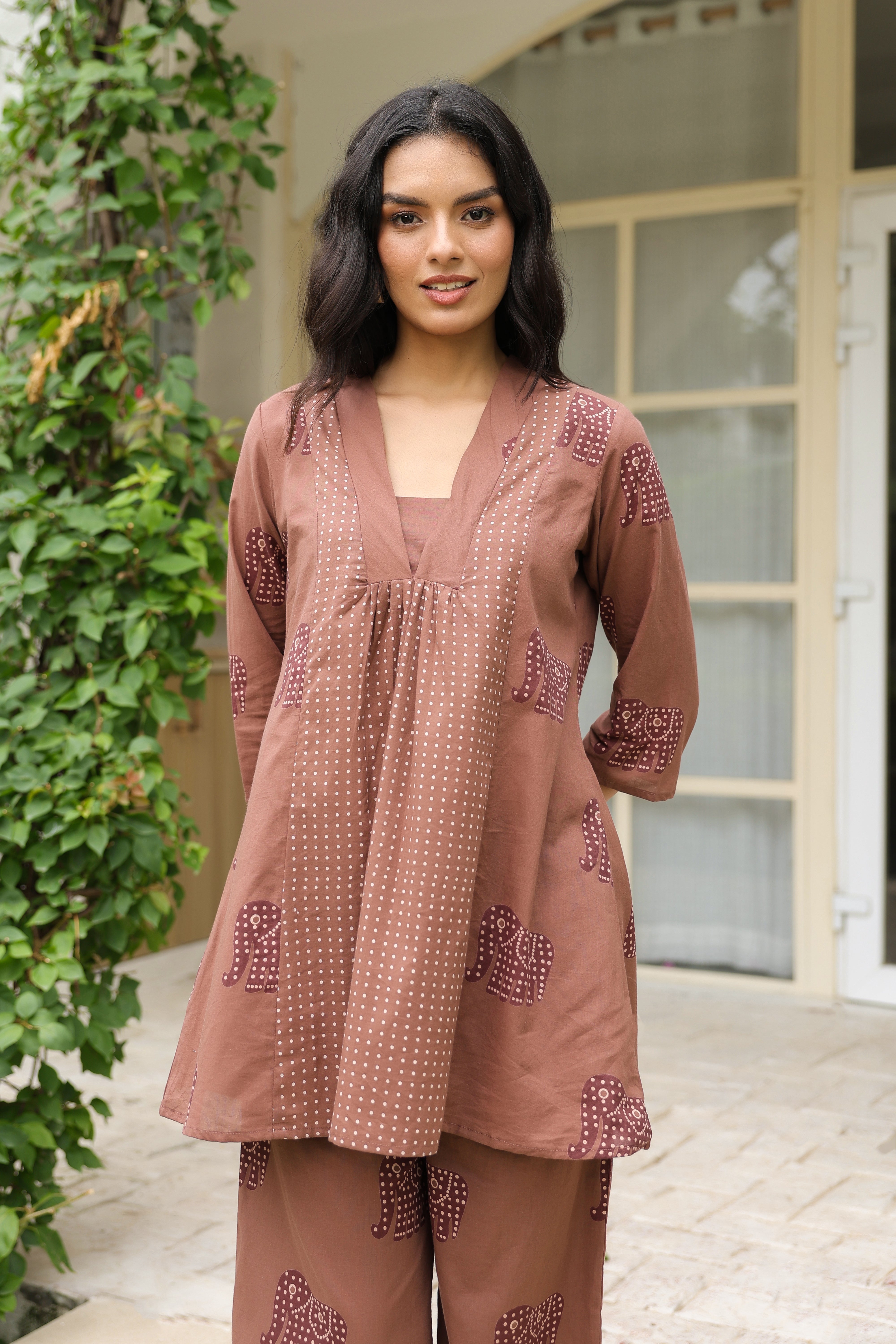 Brown Elephant Motif Printed Cotton Co-ord Set
