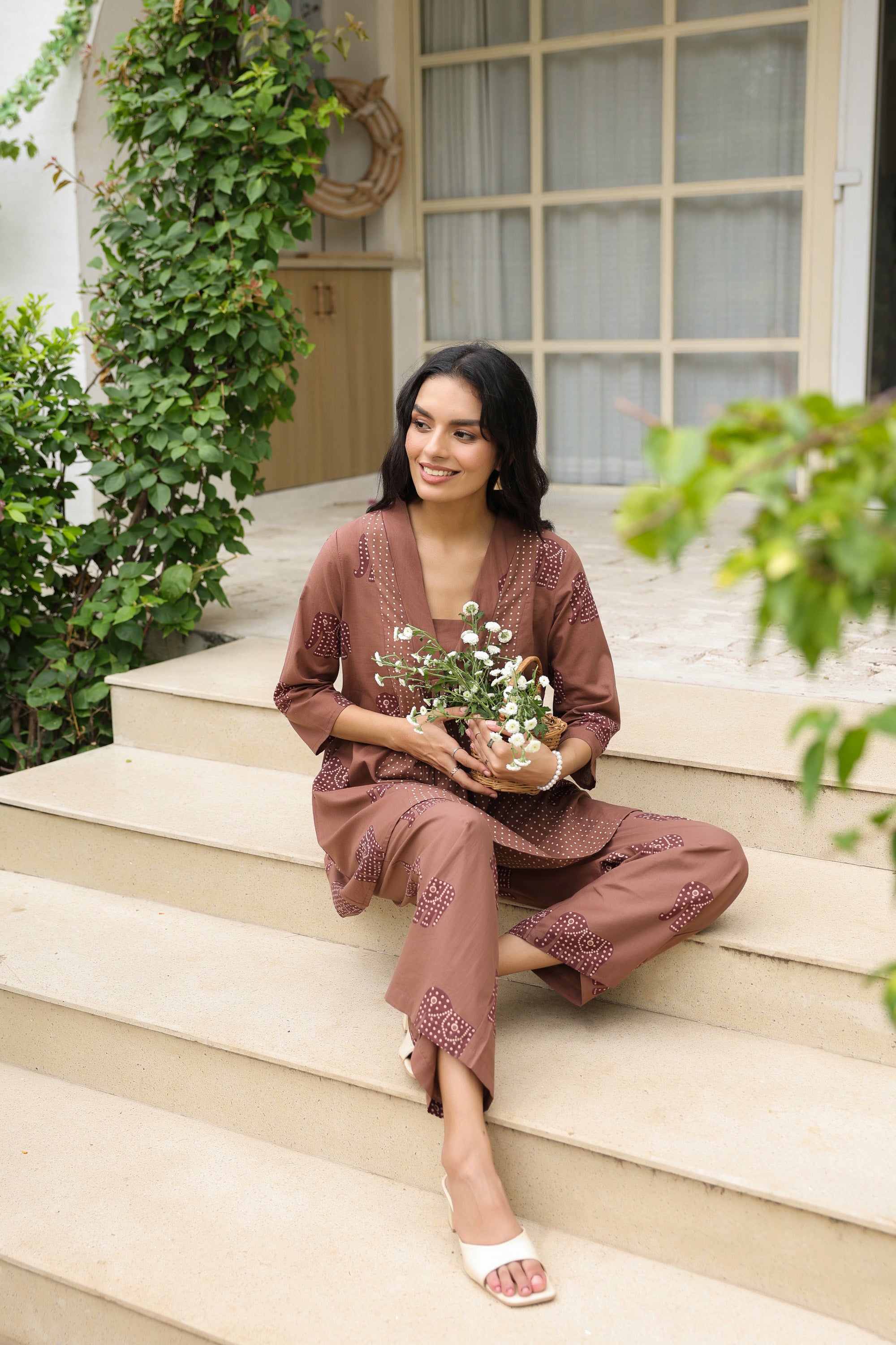 Mocha Elephant Printed Cotton Co-ord Set