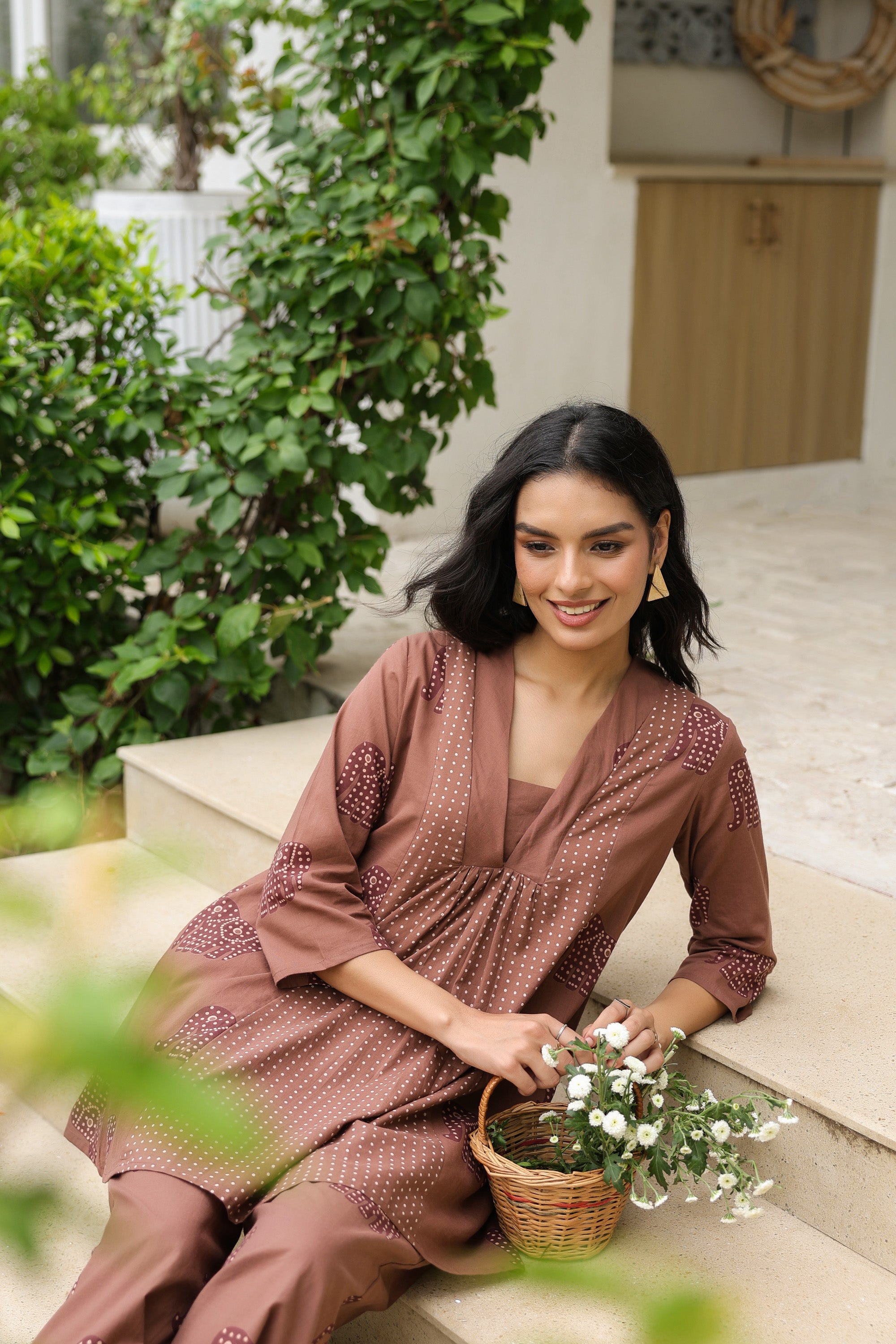 Mocha Elephant Printed Cotton Co-ord Set