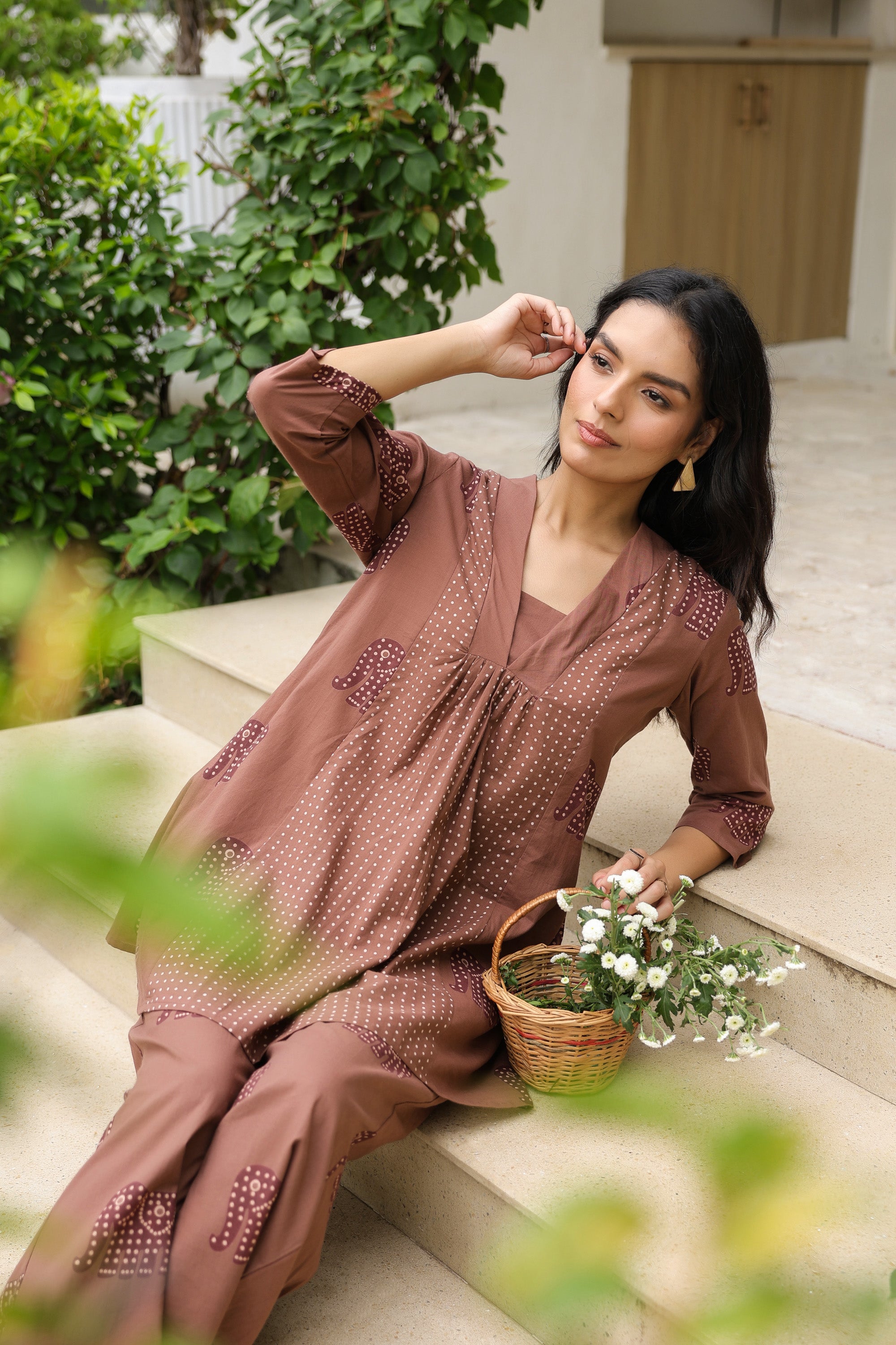 Mocha Elephant Printed Cotton Co-ord Set