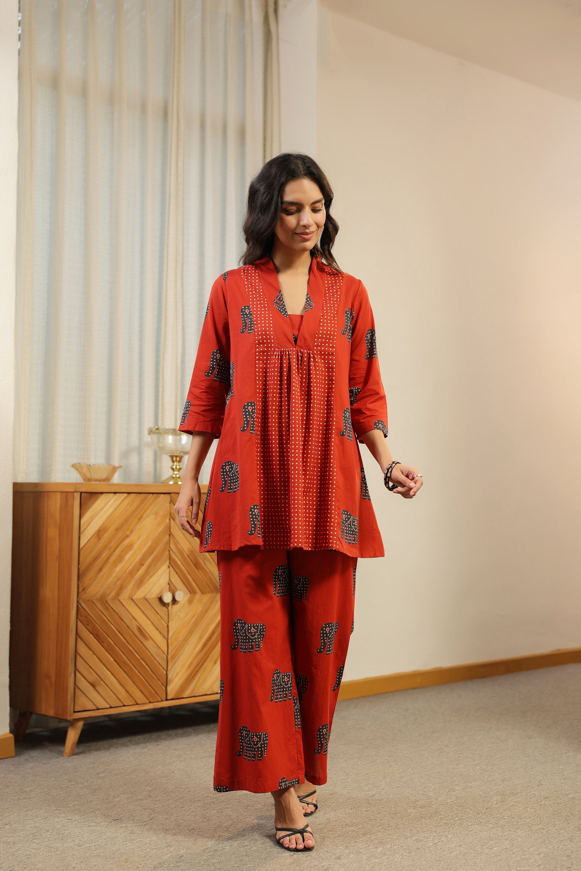 Red Printed with Elephant Motif Cotton Co-ord Set