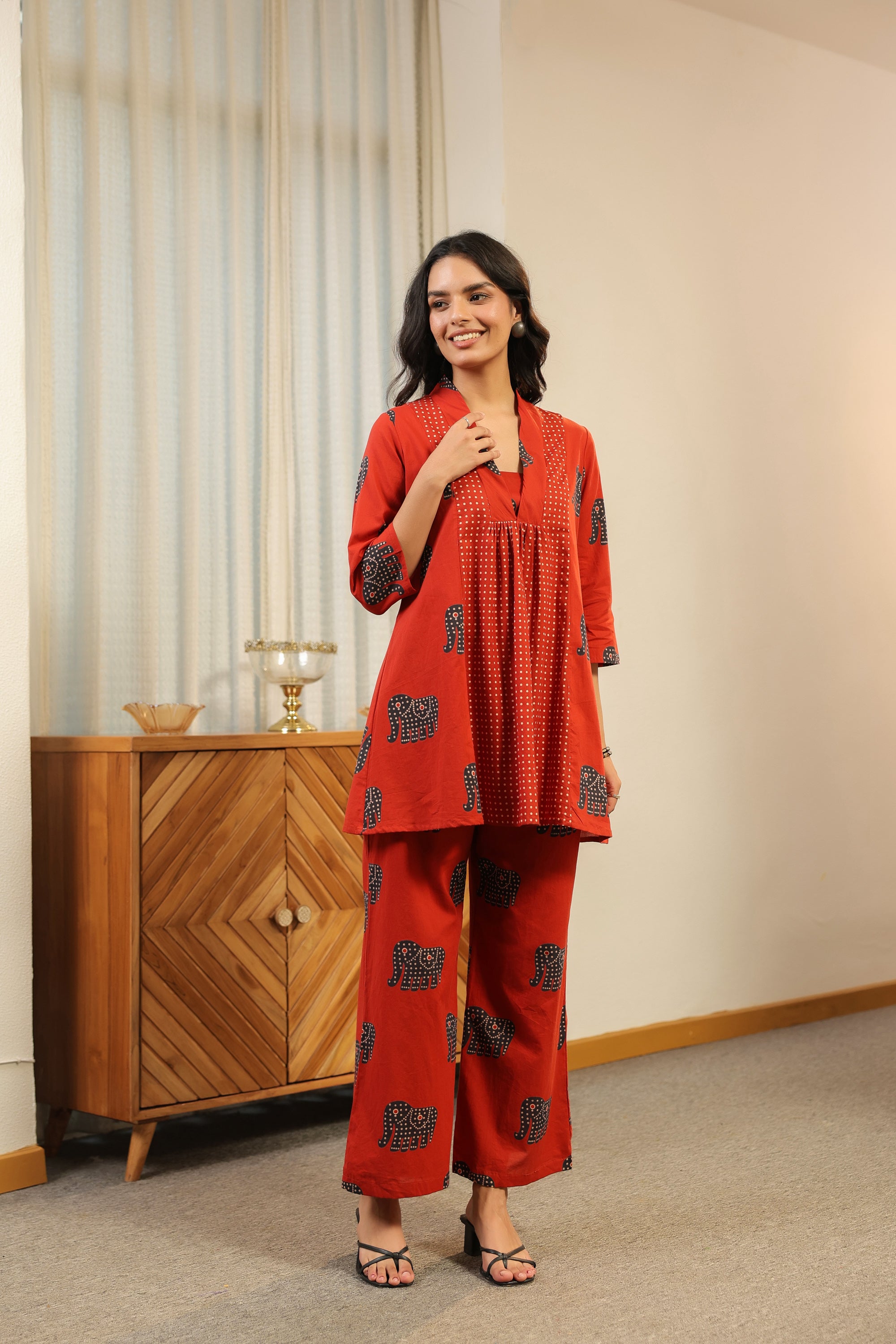 Red Printed with Elephant Motif Cotton Co-ord Set