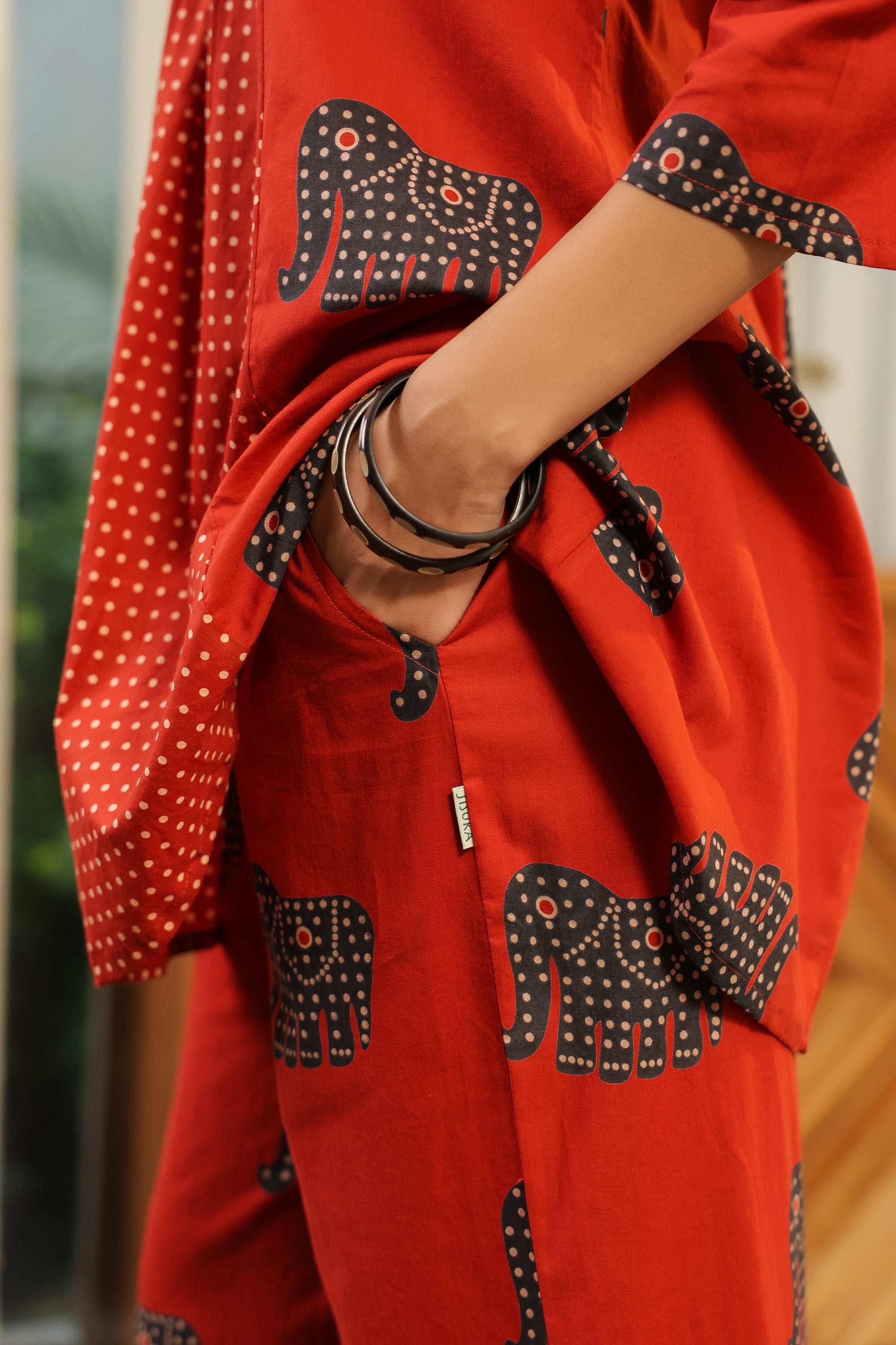 Red Printed with Elephant Motif Cotton Co-ord Set