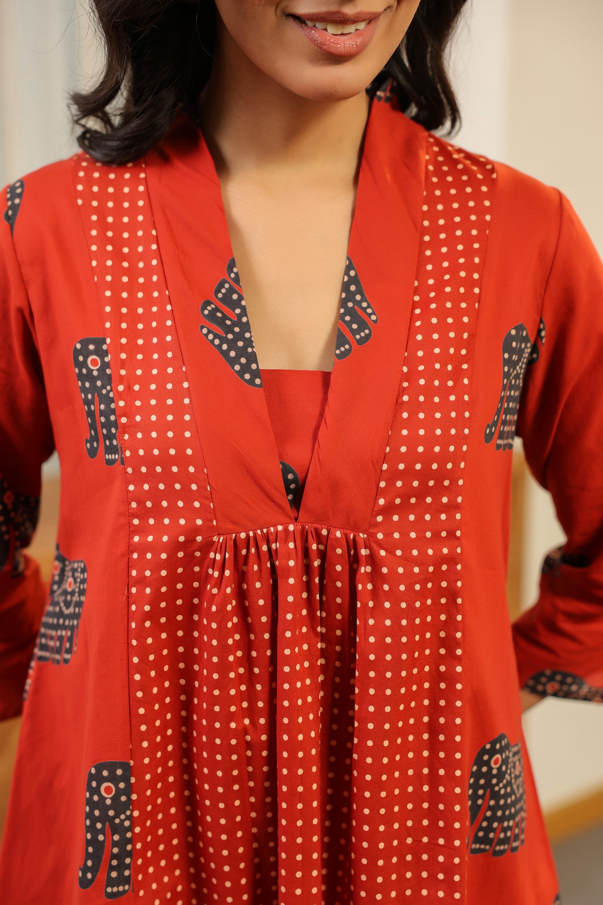 Red Printed with Elephant Motif Cotton Co-ord Set