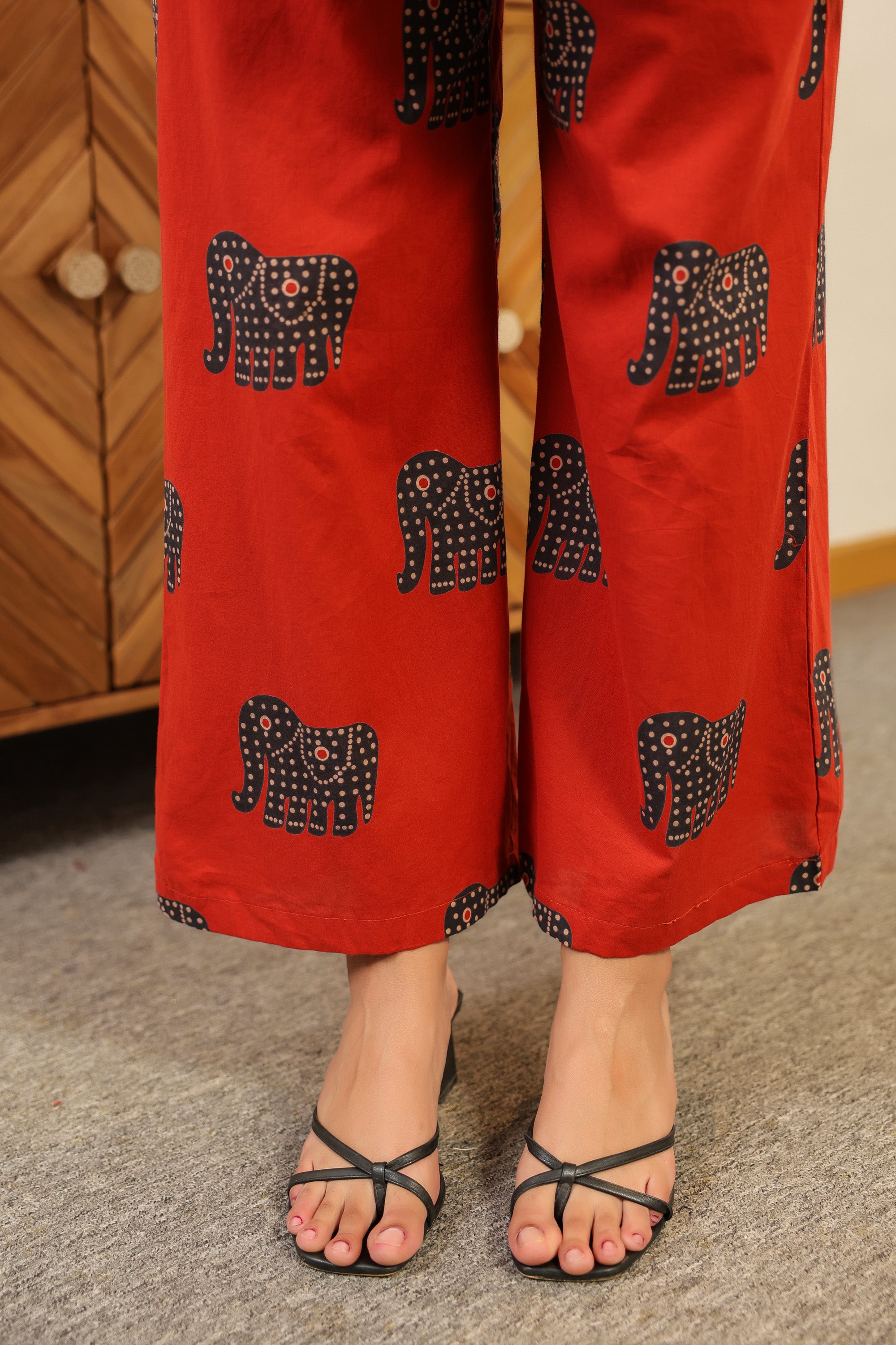 Red Printed with Elephant Motif Cotton Co-ord Set