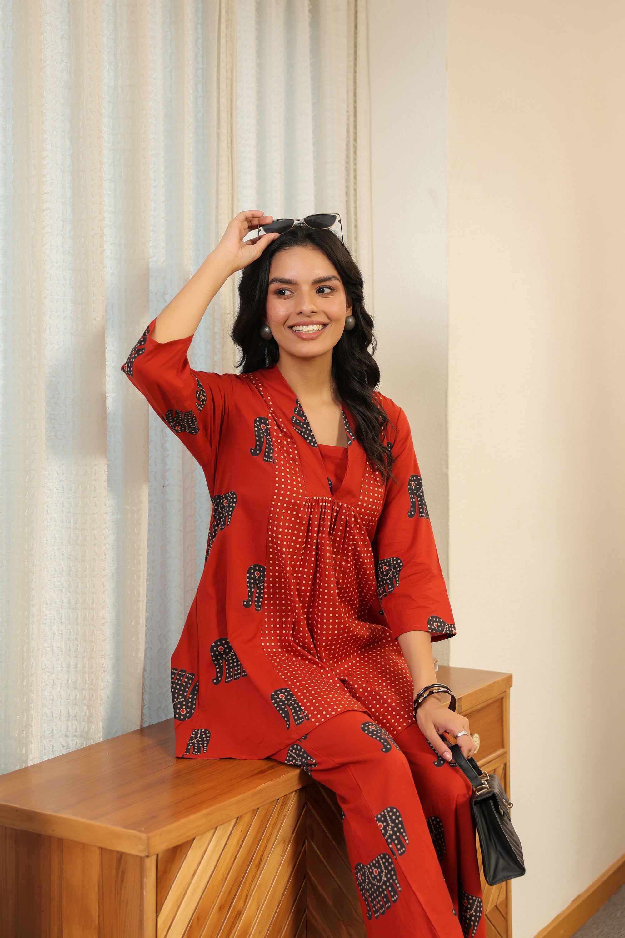 Red Printed with Elephant Motif Cotton Co-ord Set