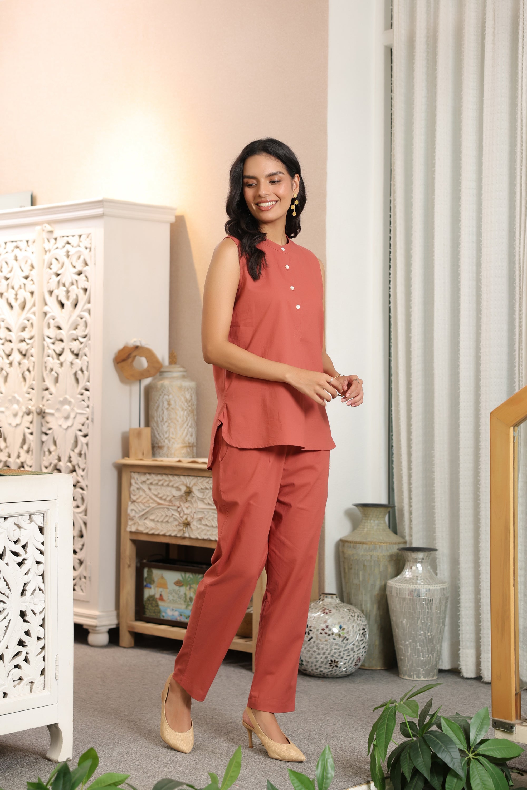 Terracotta Solid Orange Sleeveless Cotton Co-ord Set