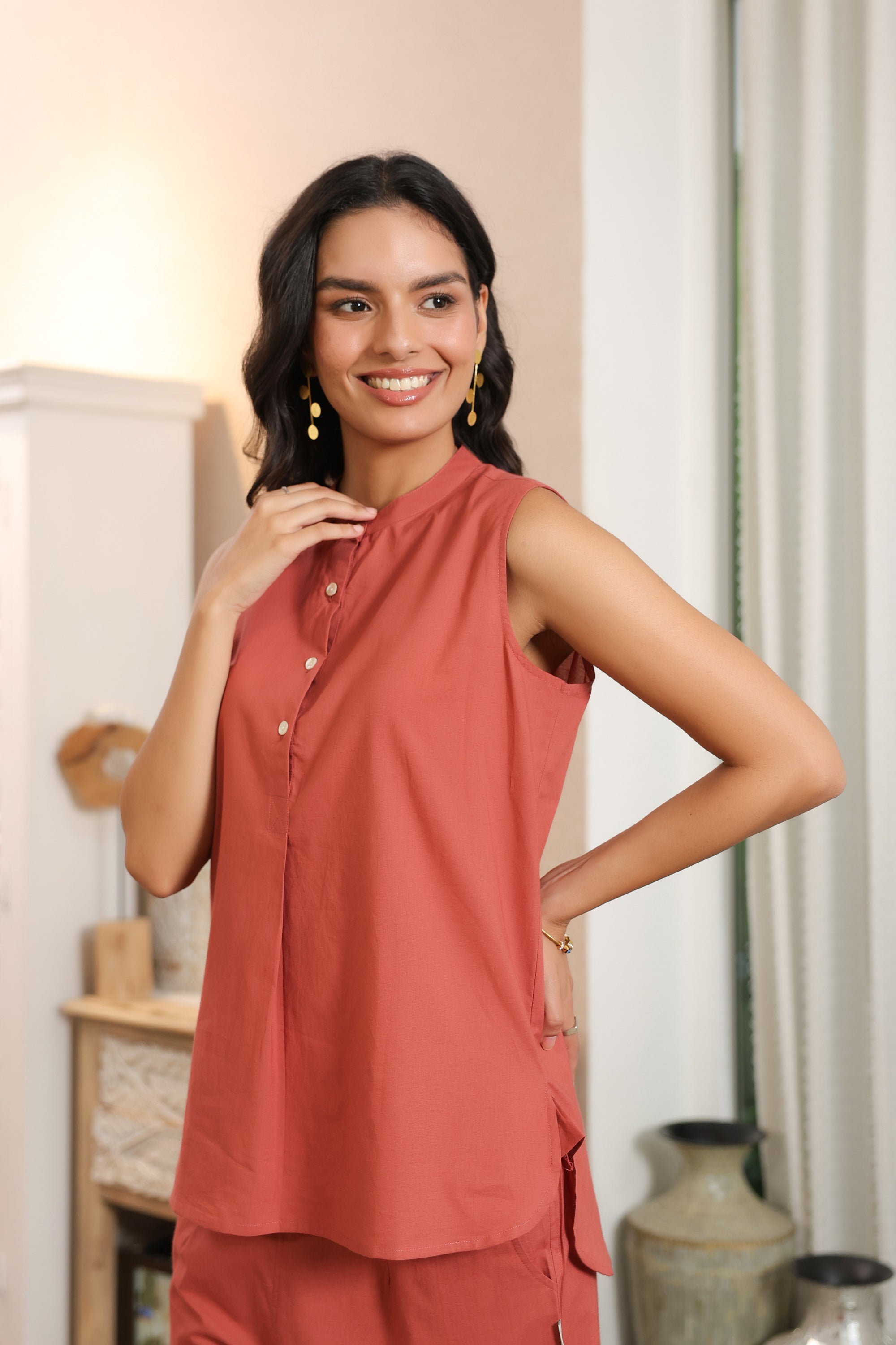 Terracotta Solid Orange Sleeveless Cotton Co-ord Set