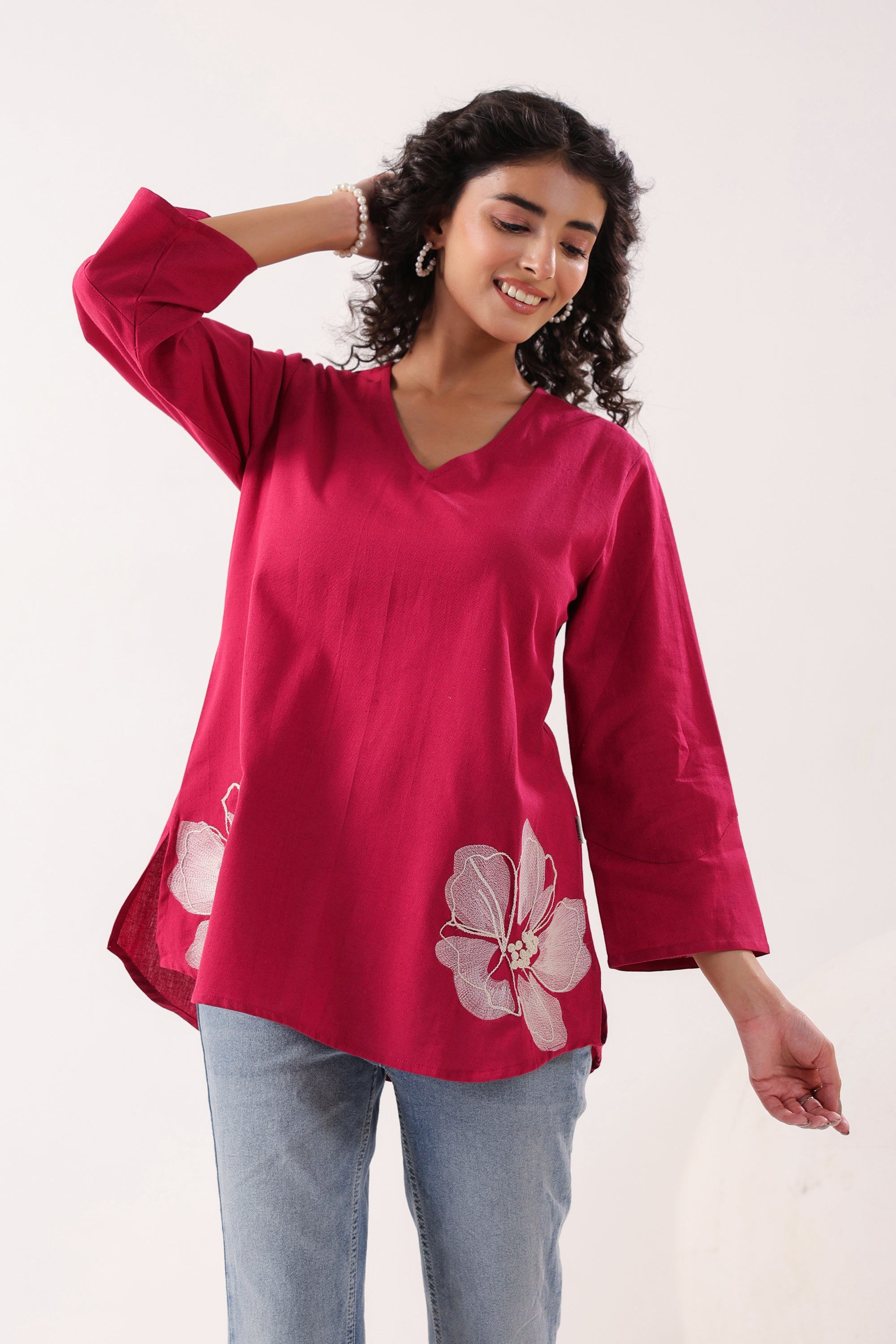 Floral Charm Maganta Cotton Flex Top