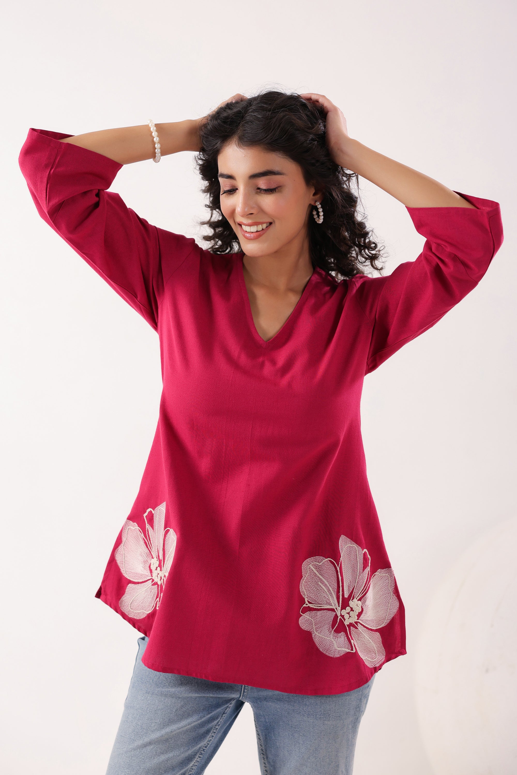 Floral Charm Maganta Cotton Flex Top