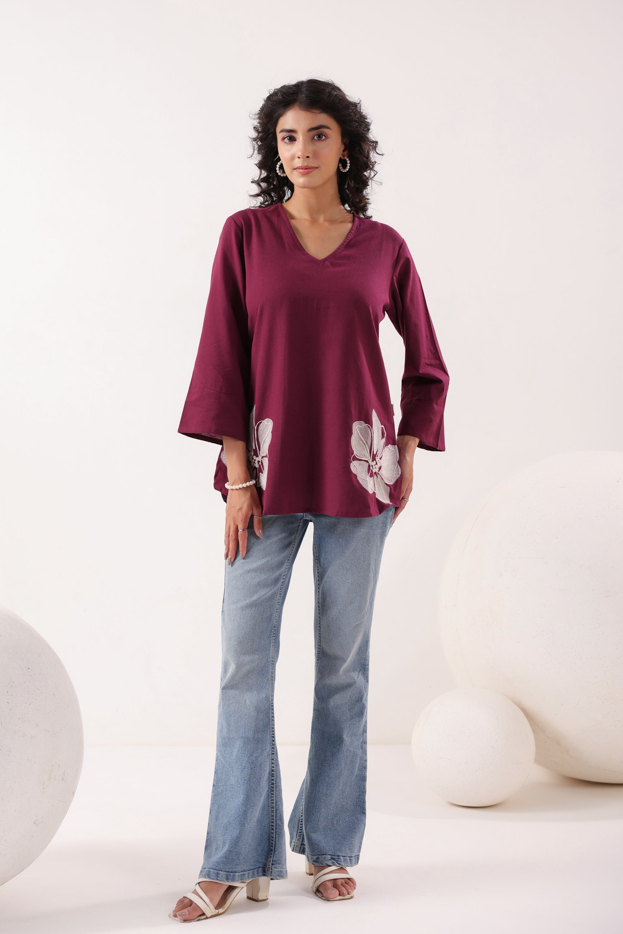 Petal Touch Embroidered Wine Cotton Flex Top