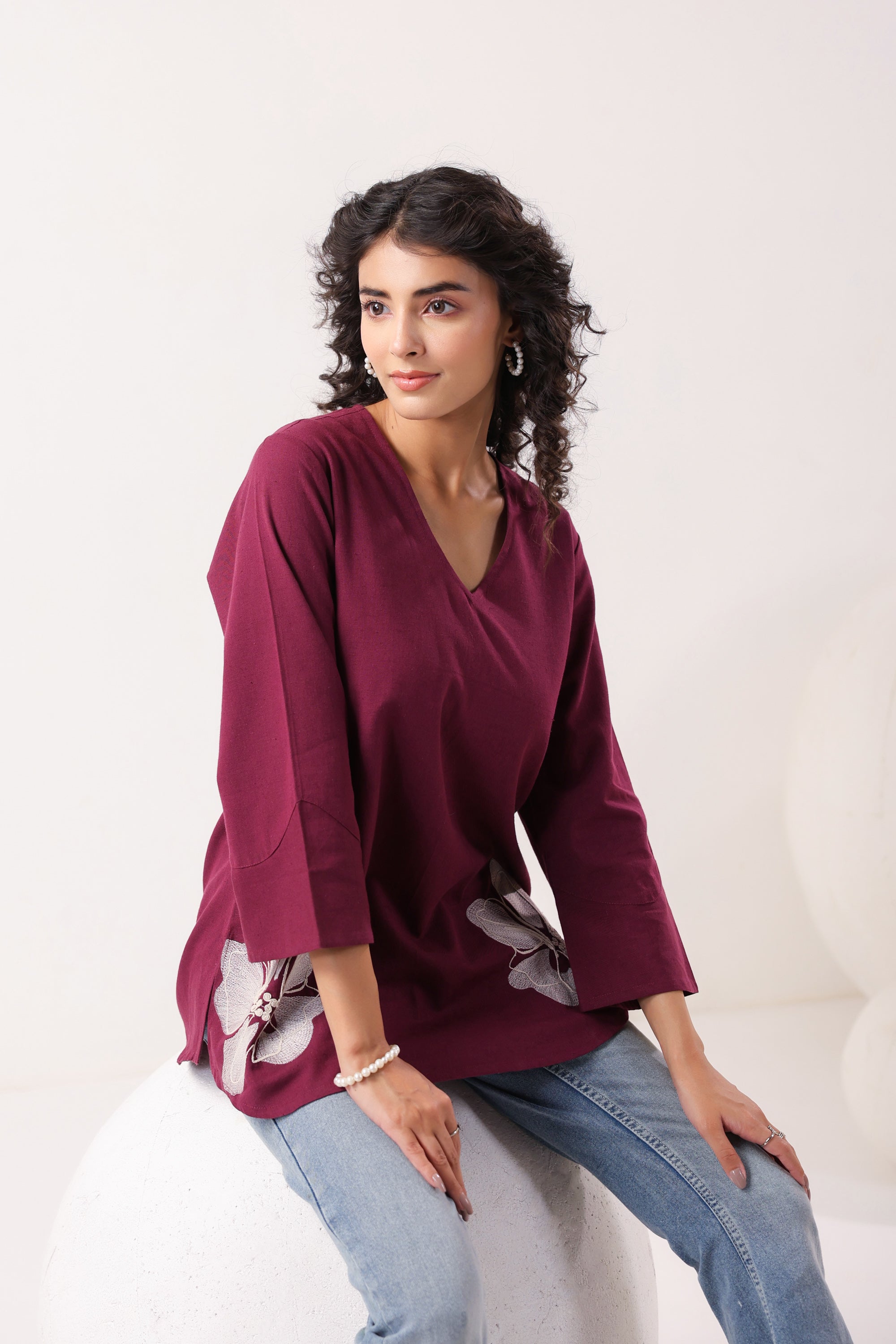 Petal Touch Embroidered Wine Cotton Flex Top