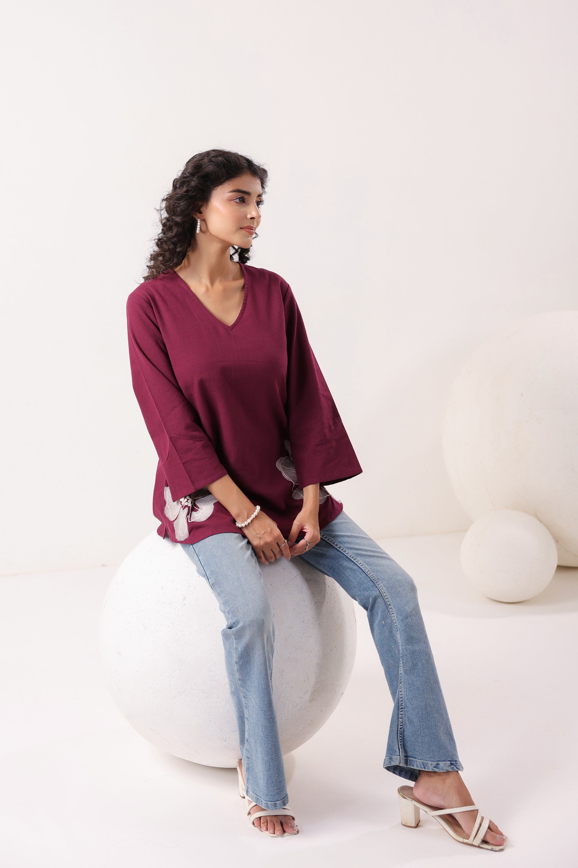 Petal Touch Embroidered Wine Cotton Flex Top