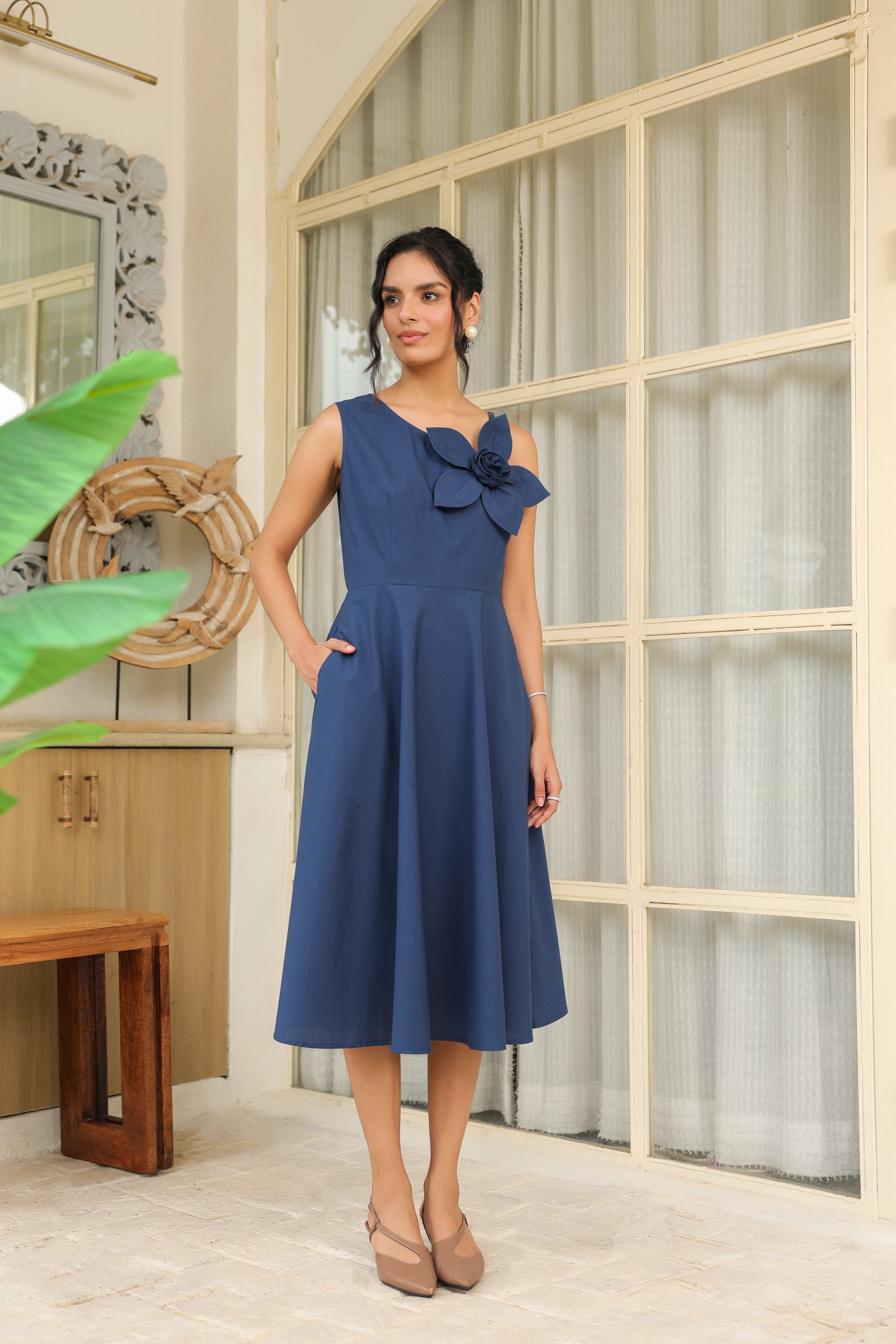 Midnight Blue Bloom 3D Flower Dress