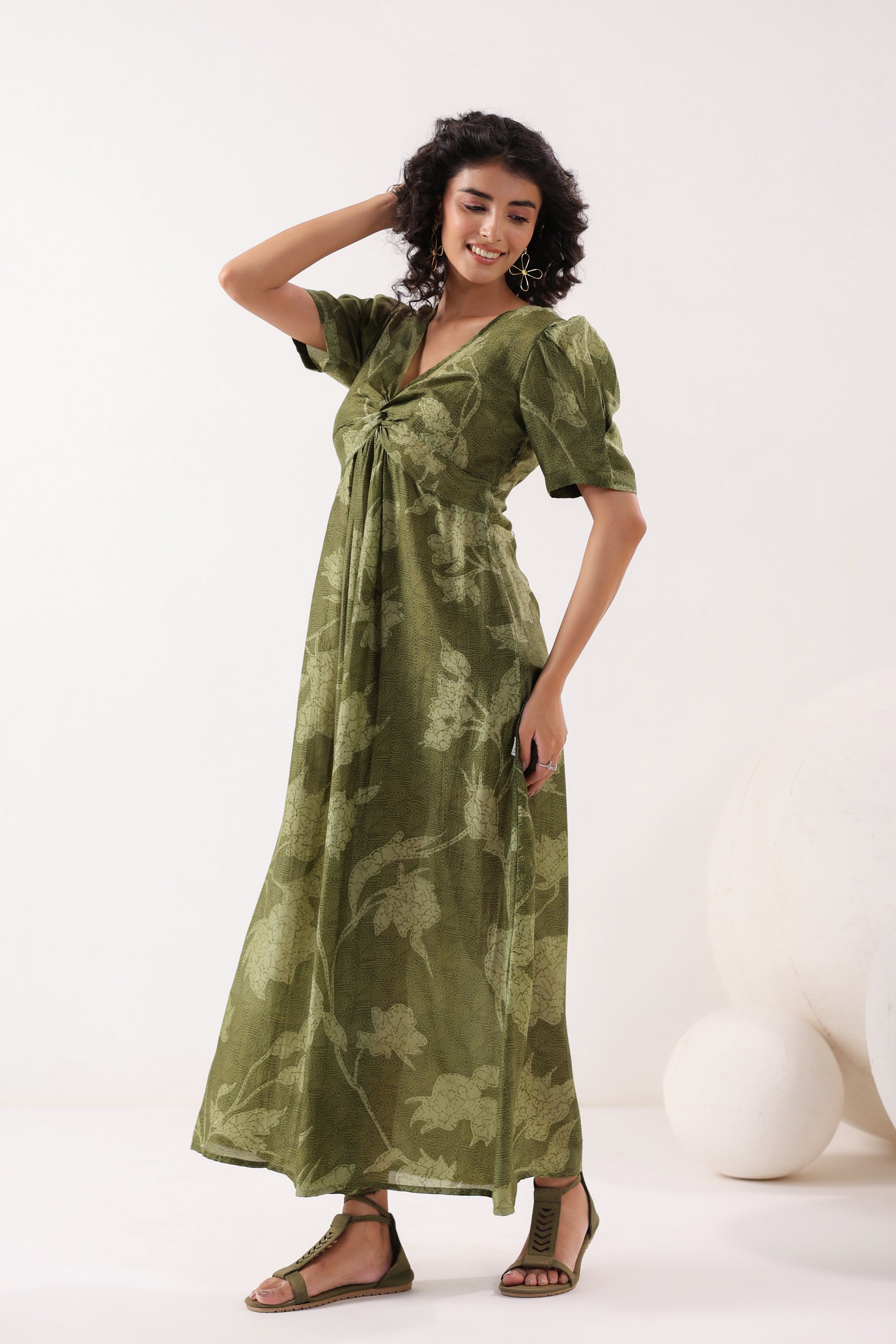 Olive Green Floral Silk Sundress