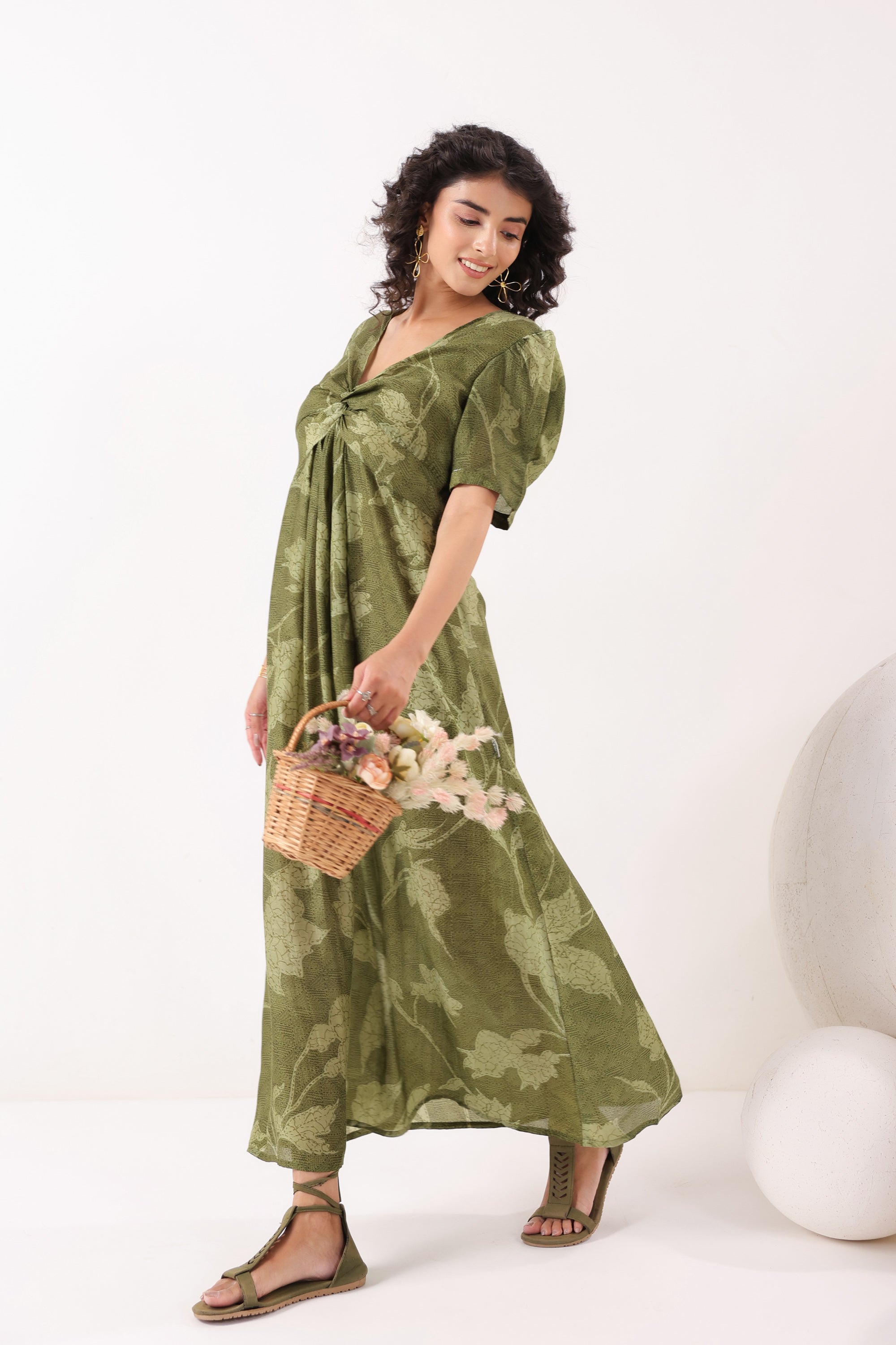 Olive Green Floral Silk Sundress