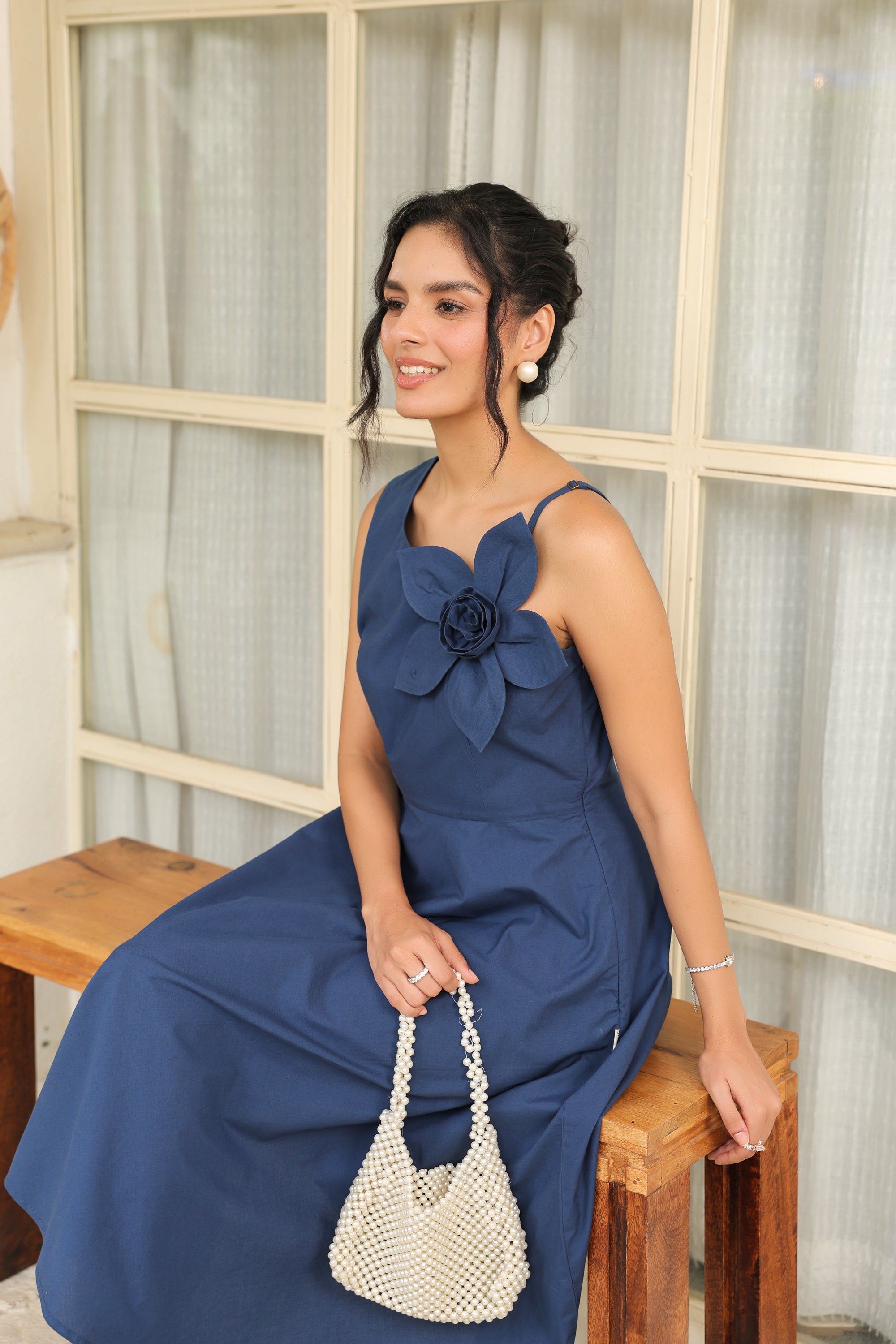 Midnight Blue Bloom 3D Flower Dress