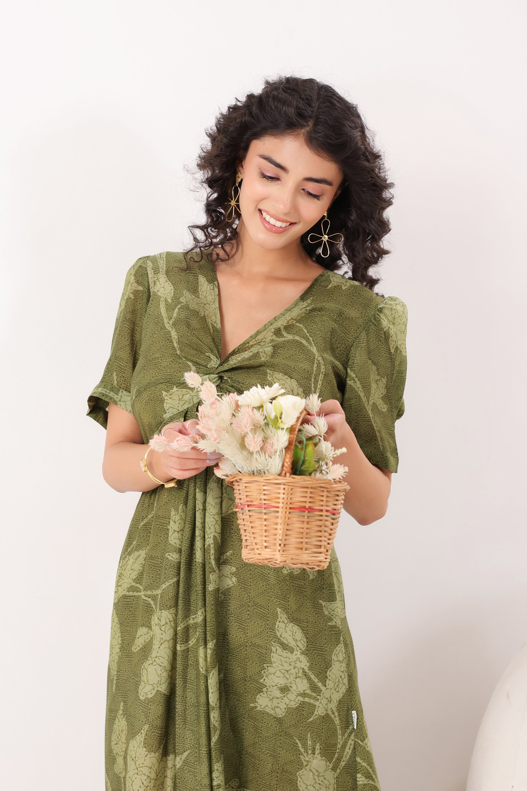 Olive Green Floral Silk Sundress