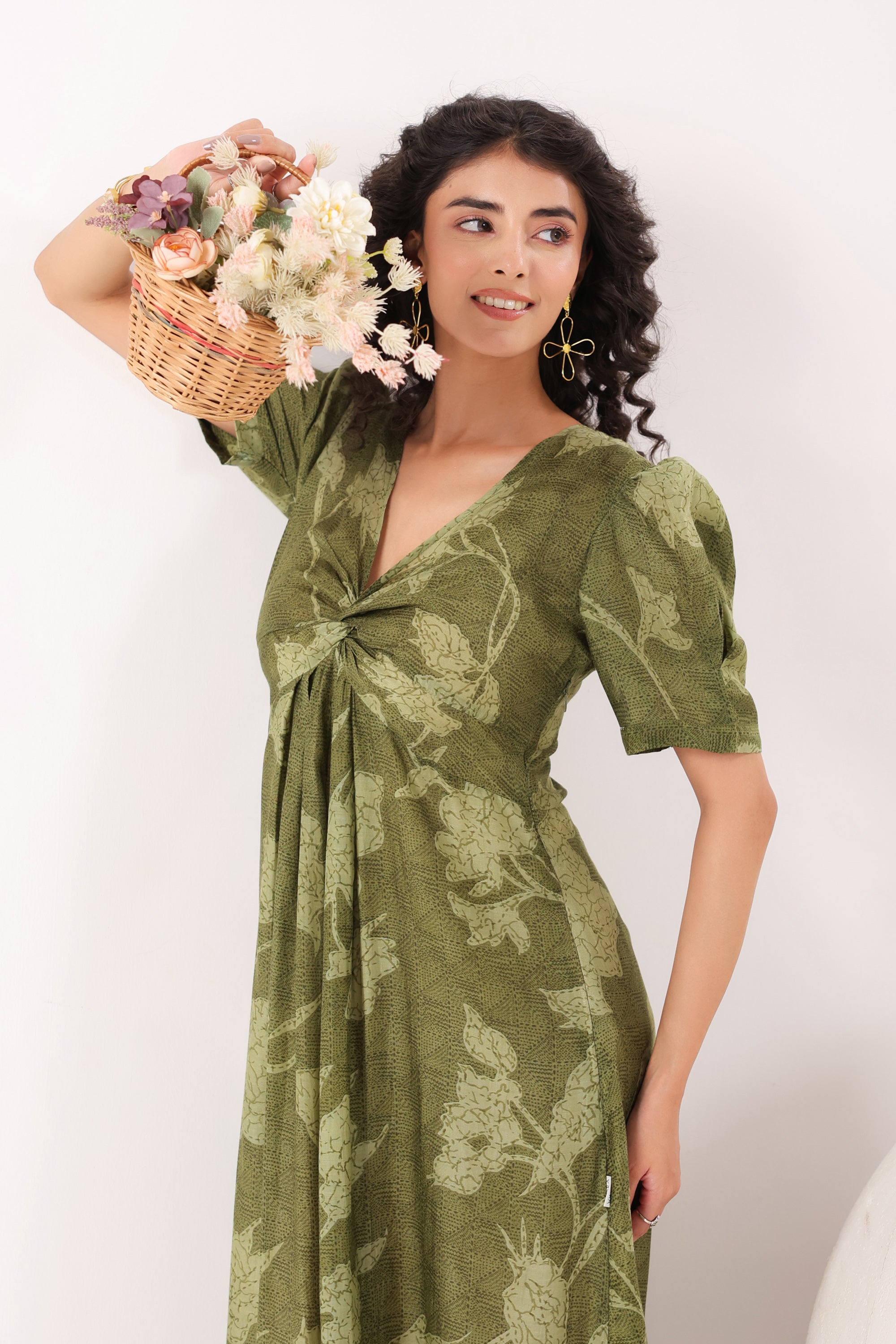 Olive Green Floral Silk Sundress