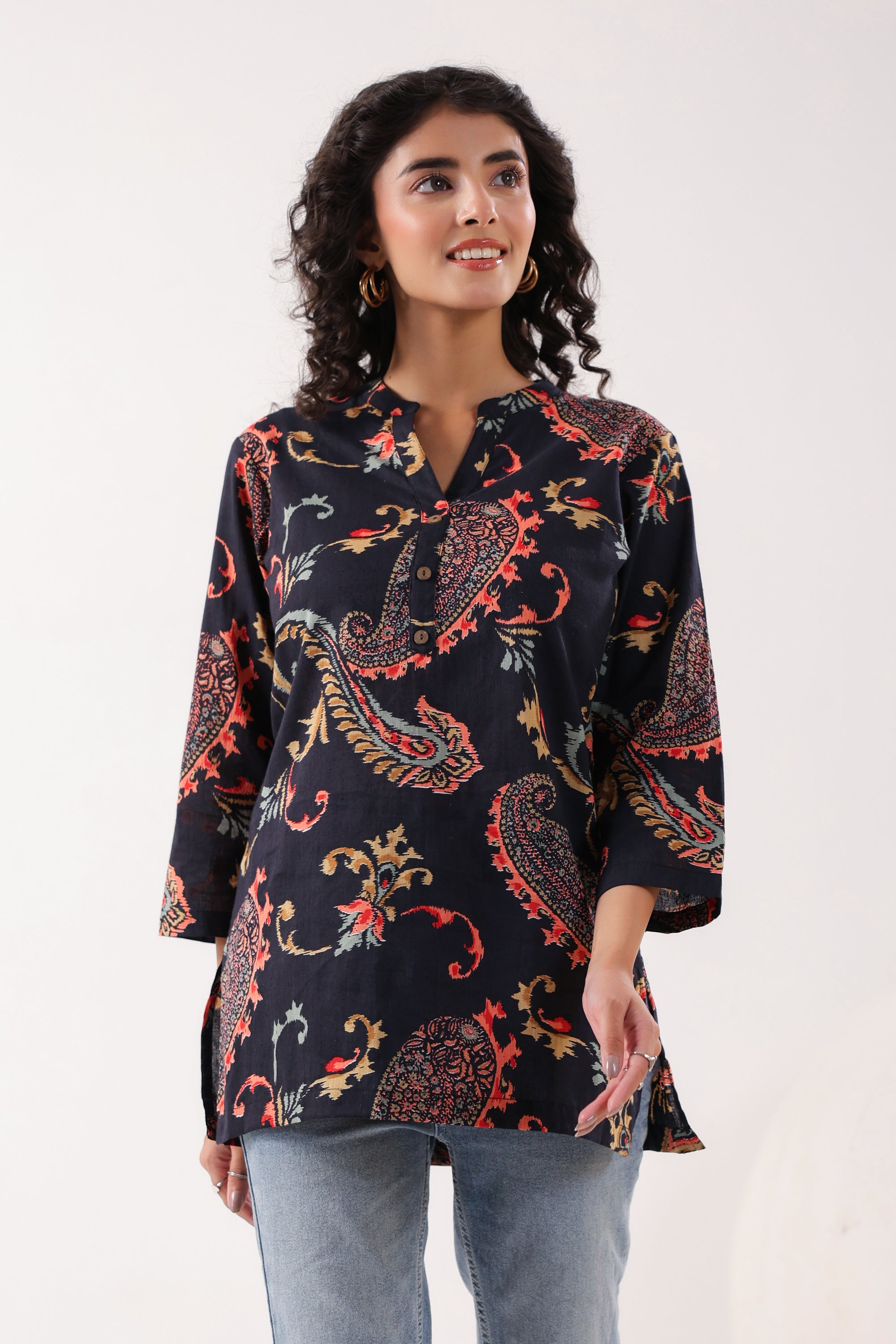 Dark Paisley Floral Printed Cotton Black Top
