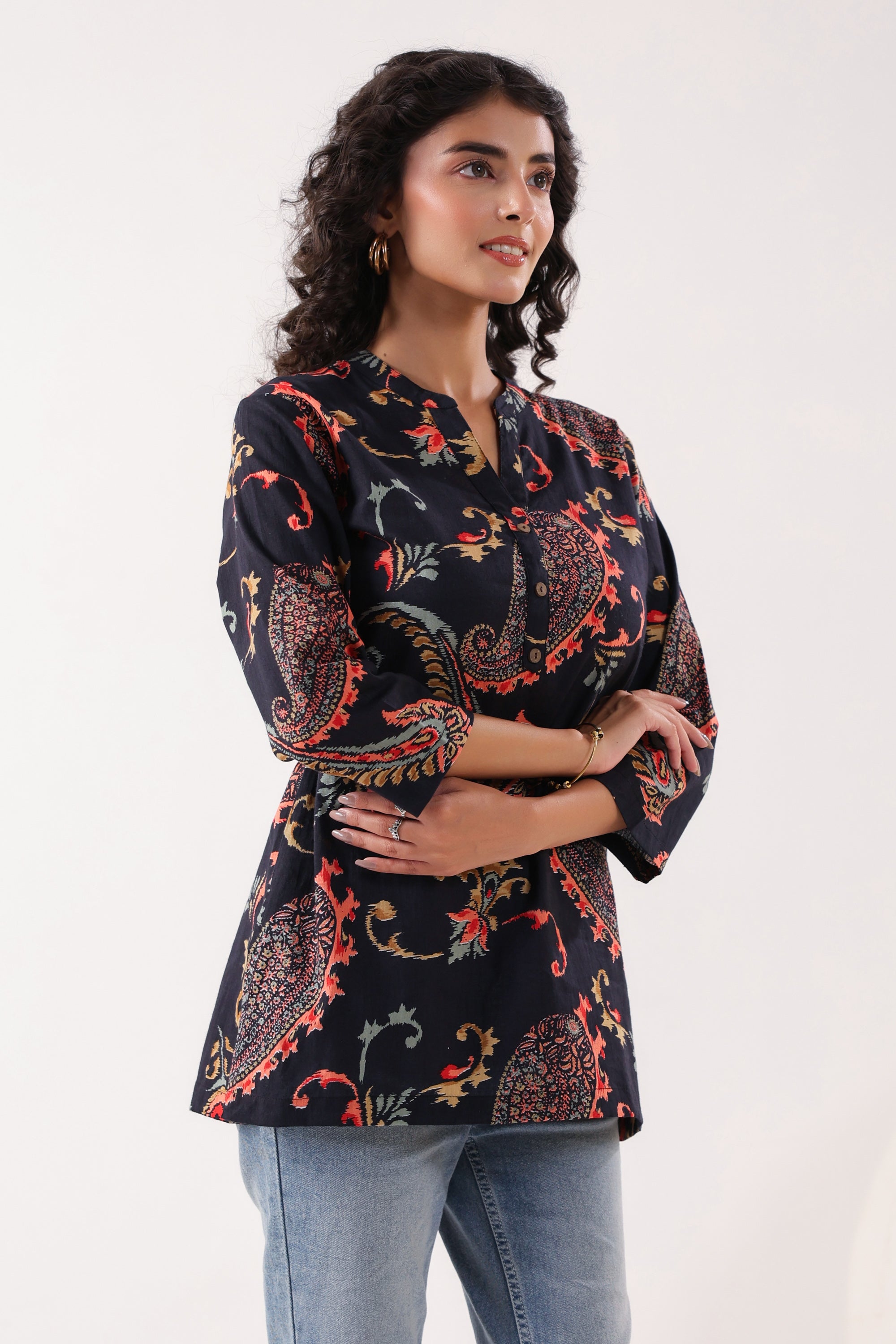 Dark Paisley Floral Printed Cotton Black Top