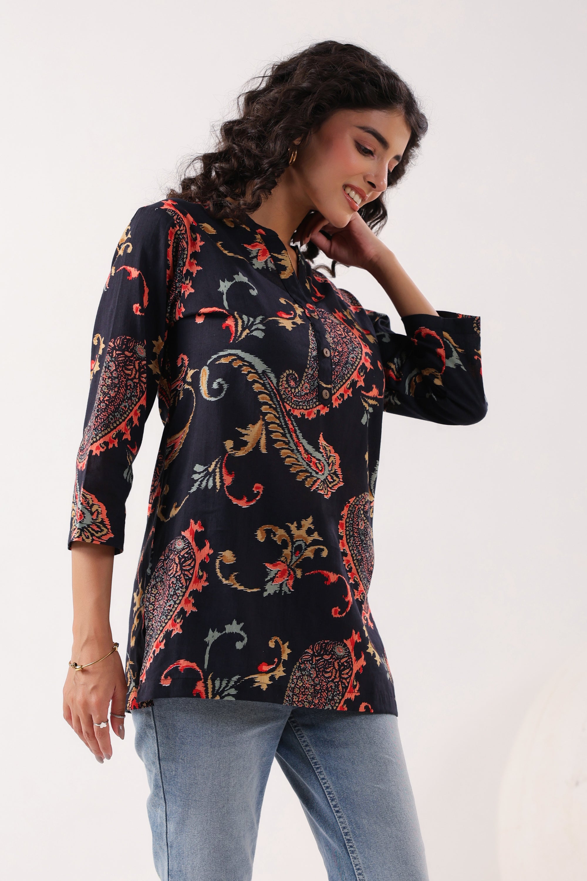 Dark Paisley Floral Printed Cotton Black Top