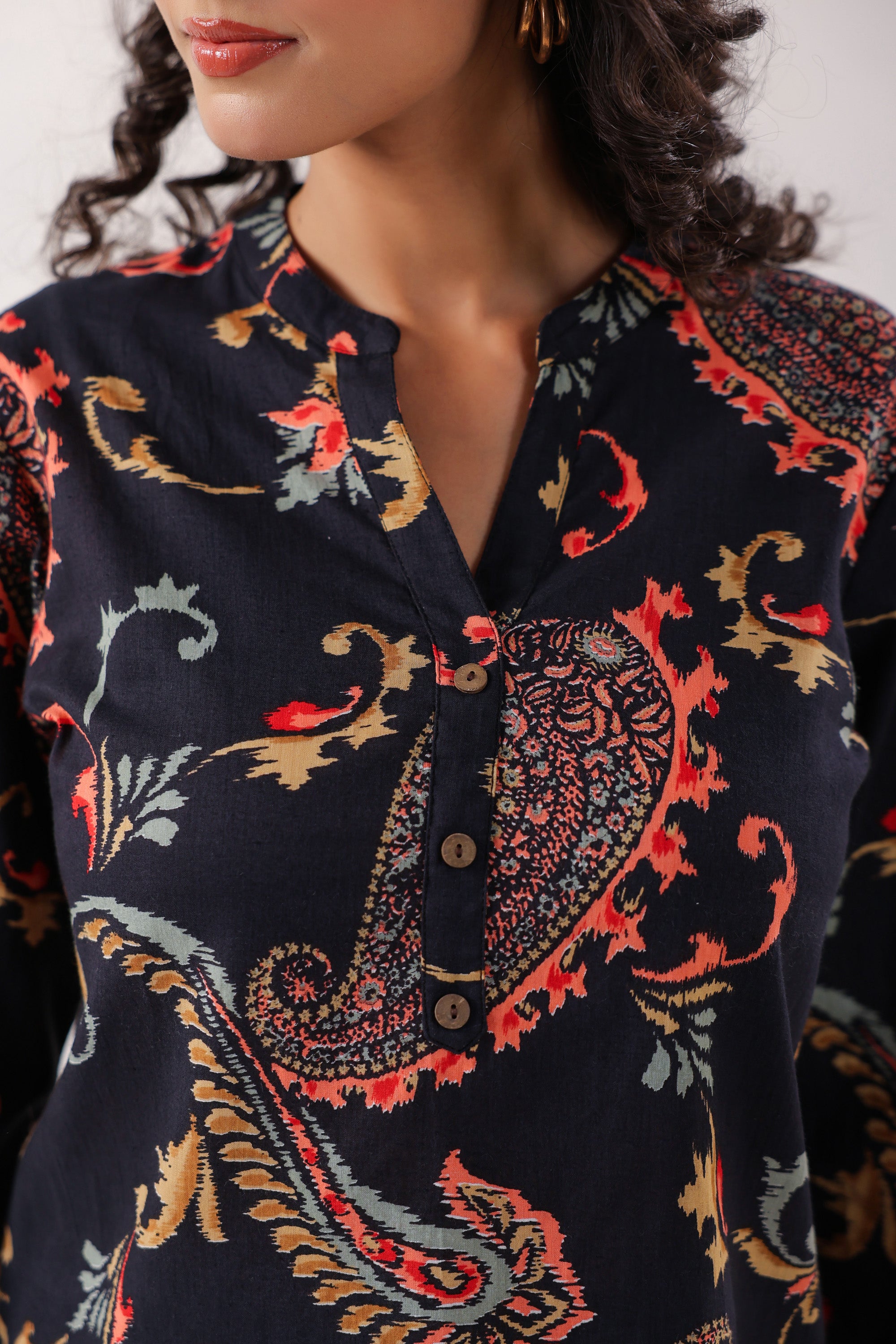 Dark Paisley Floral Printed Cotton Black Top