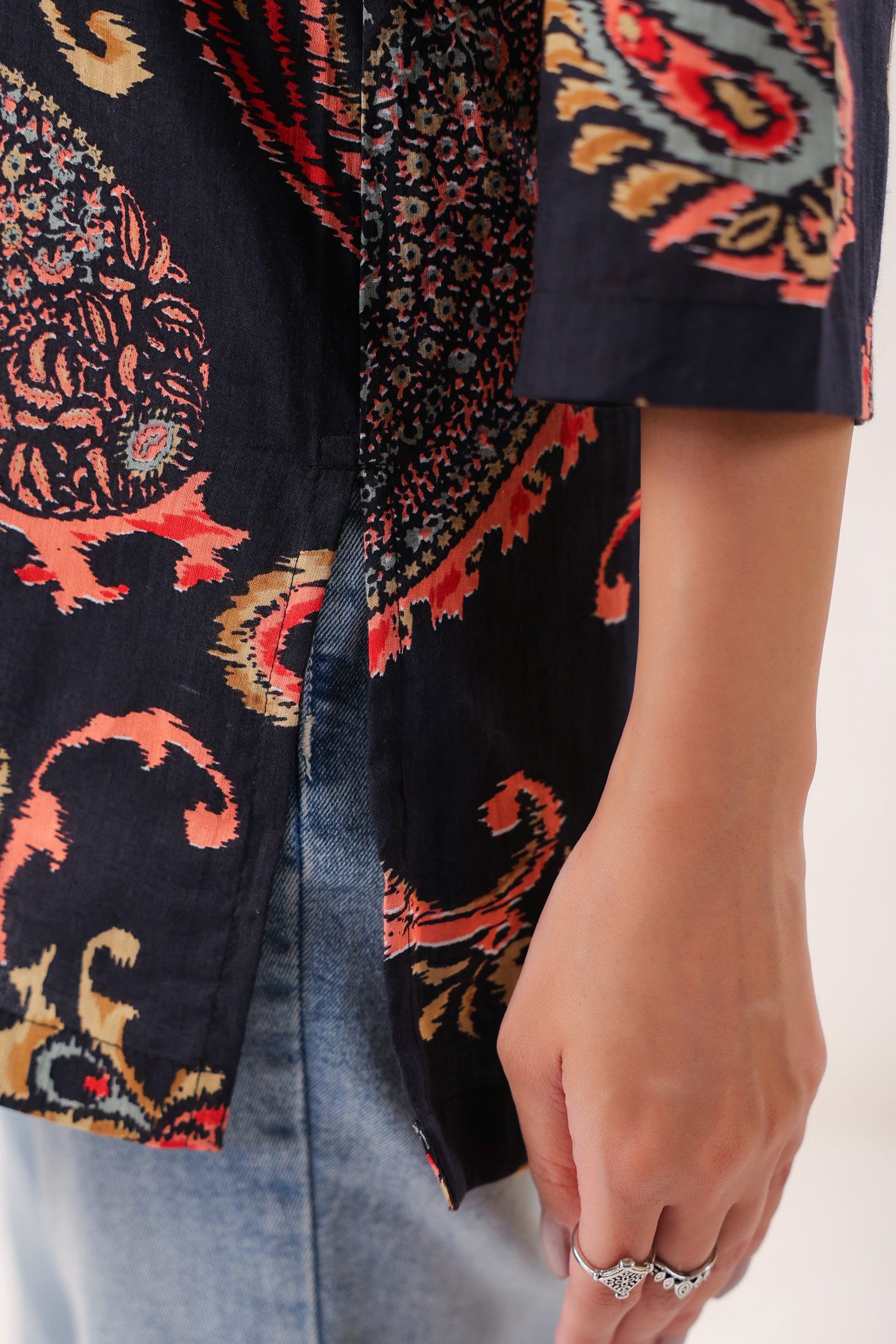 Dark Paisley Floral Printed Cotton Black Top