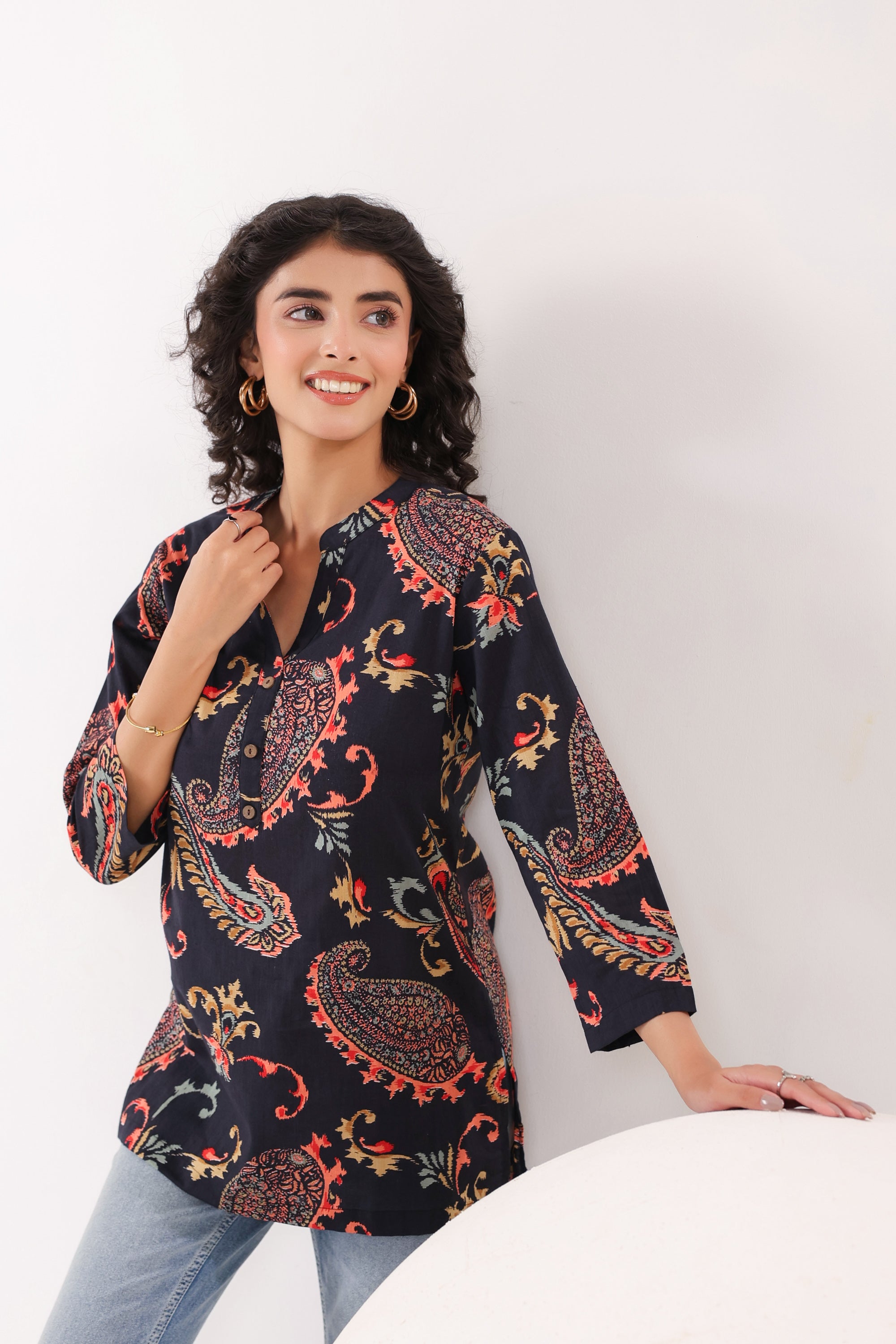 Dark Paisley Floral Printed Cotton Black Top