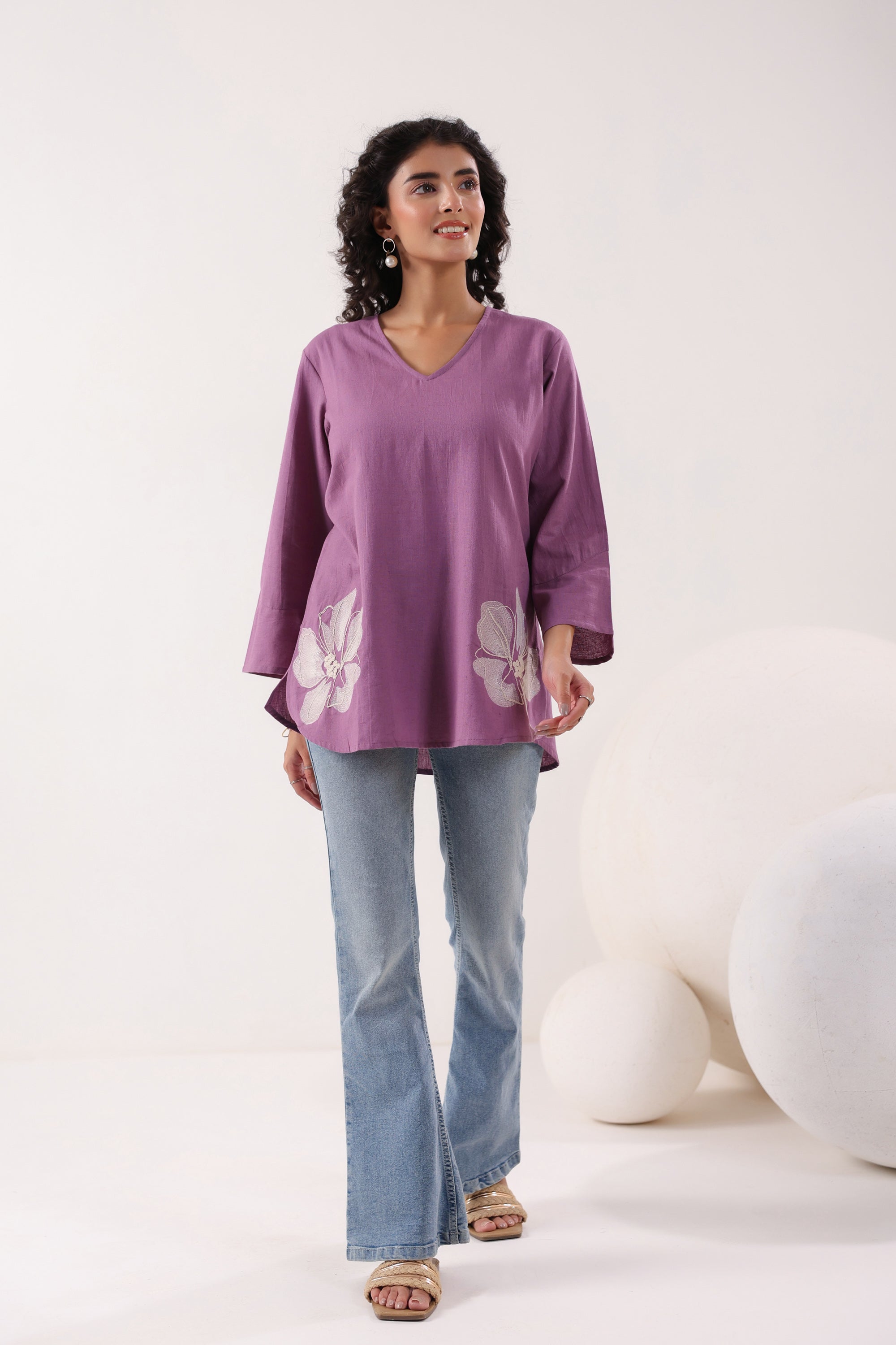 Blossom Breeze Cotton Flex Purple Embroidered Top