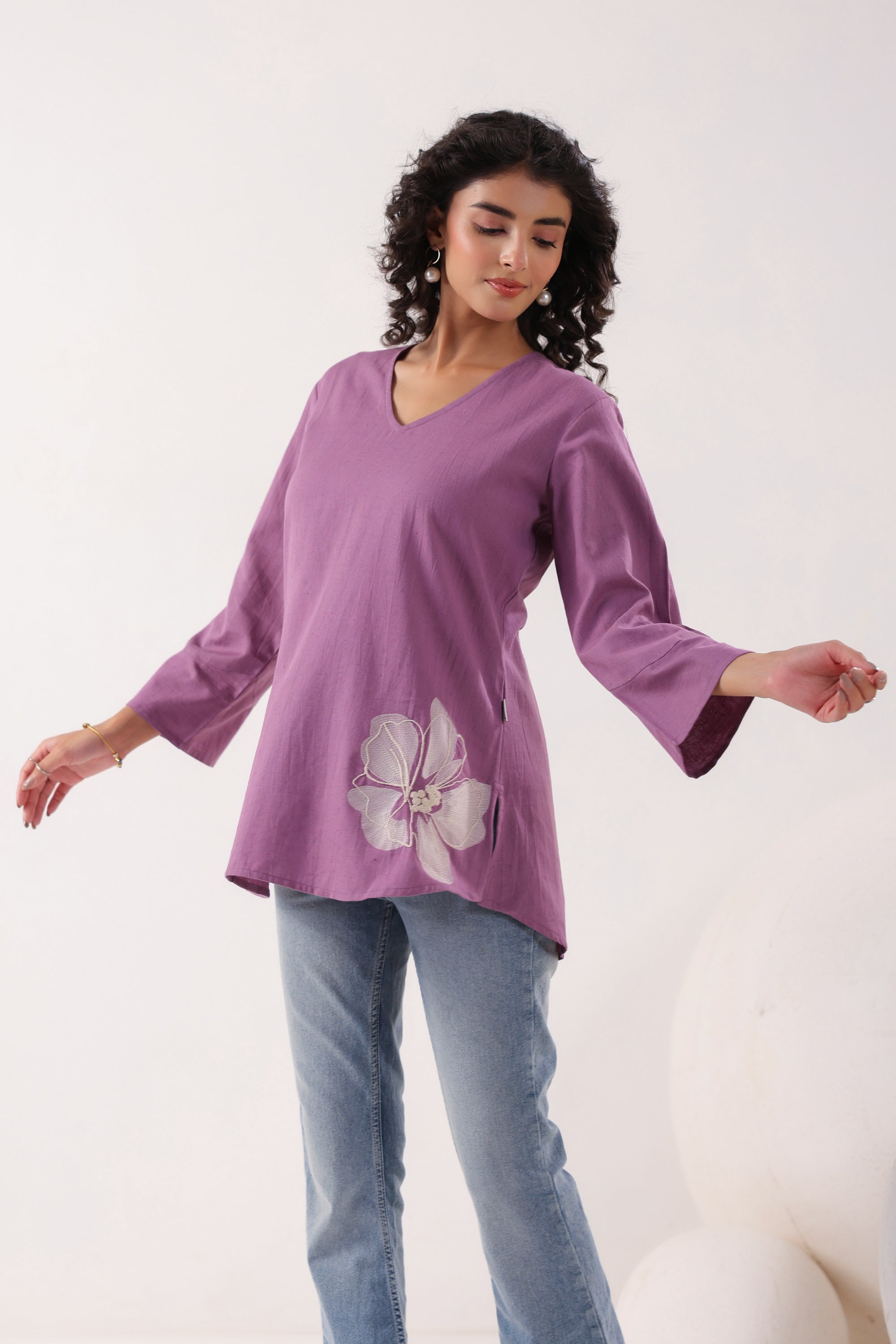 Blossom Breeze Cotton Flex Purple Embroidered Top