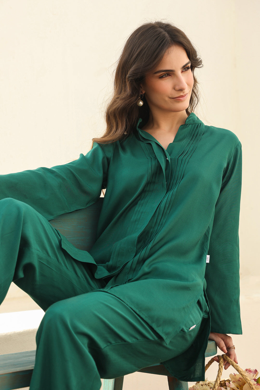 Pure Ease In Green Russian Silk Co-ord Set