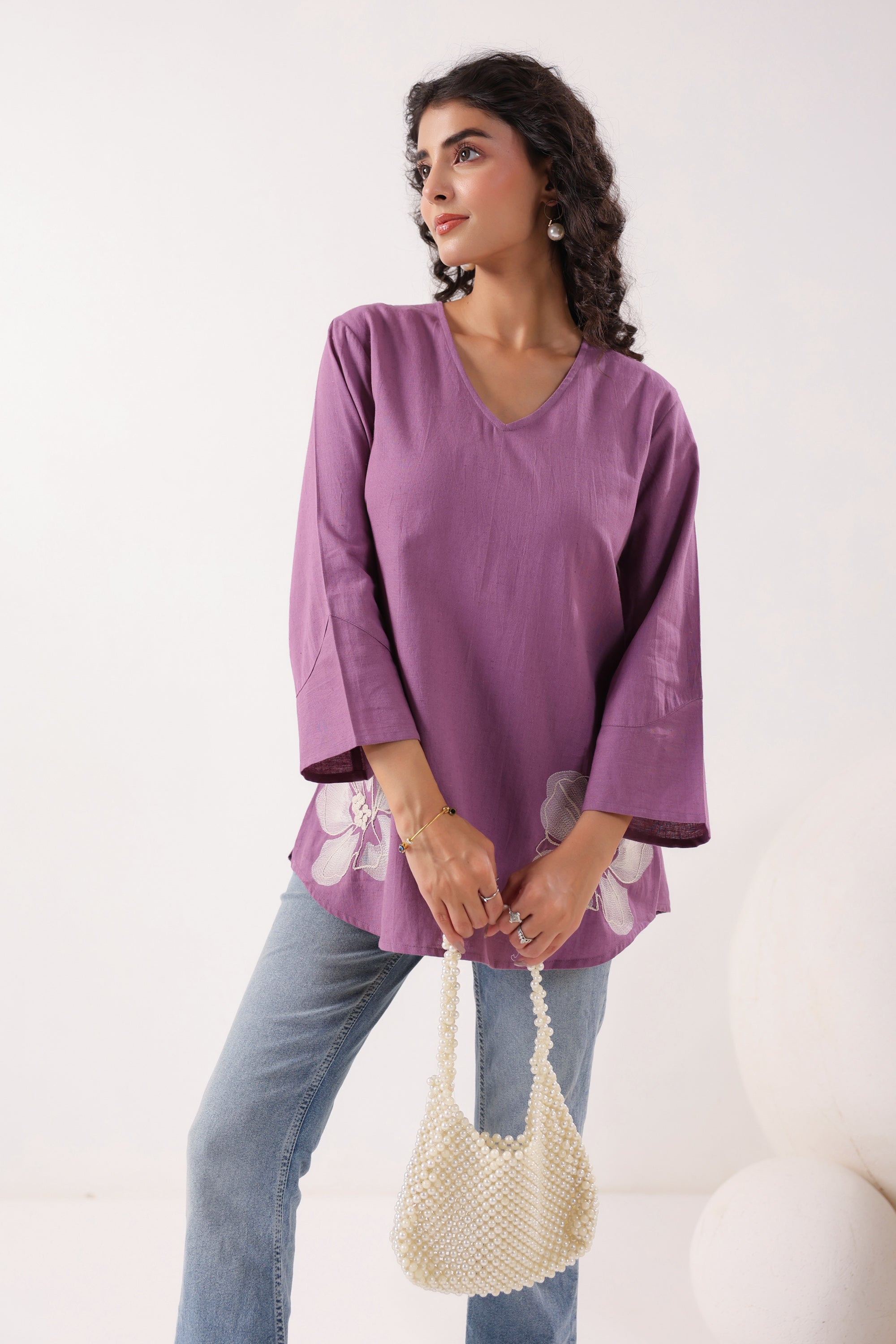 Blossom Breeze Cotton Flex Purple Embroidered Top