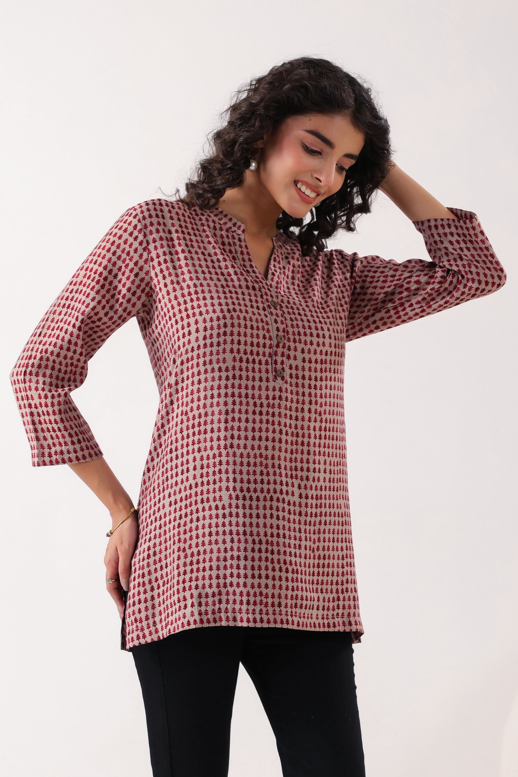 Red & Pink Geometric Muslin Top