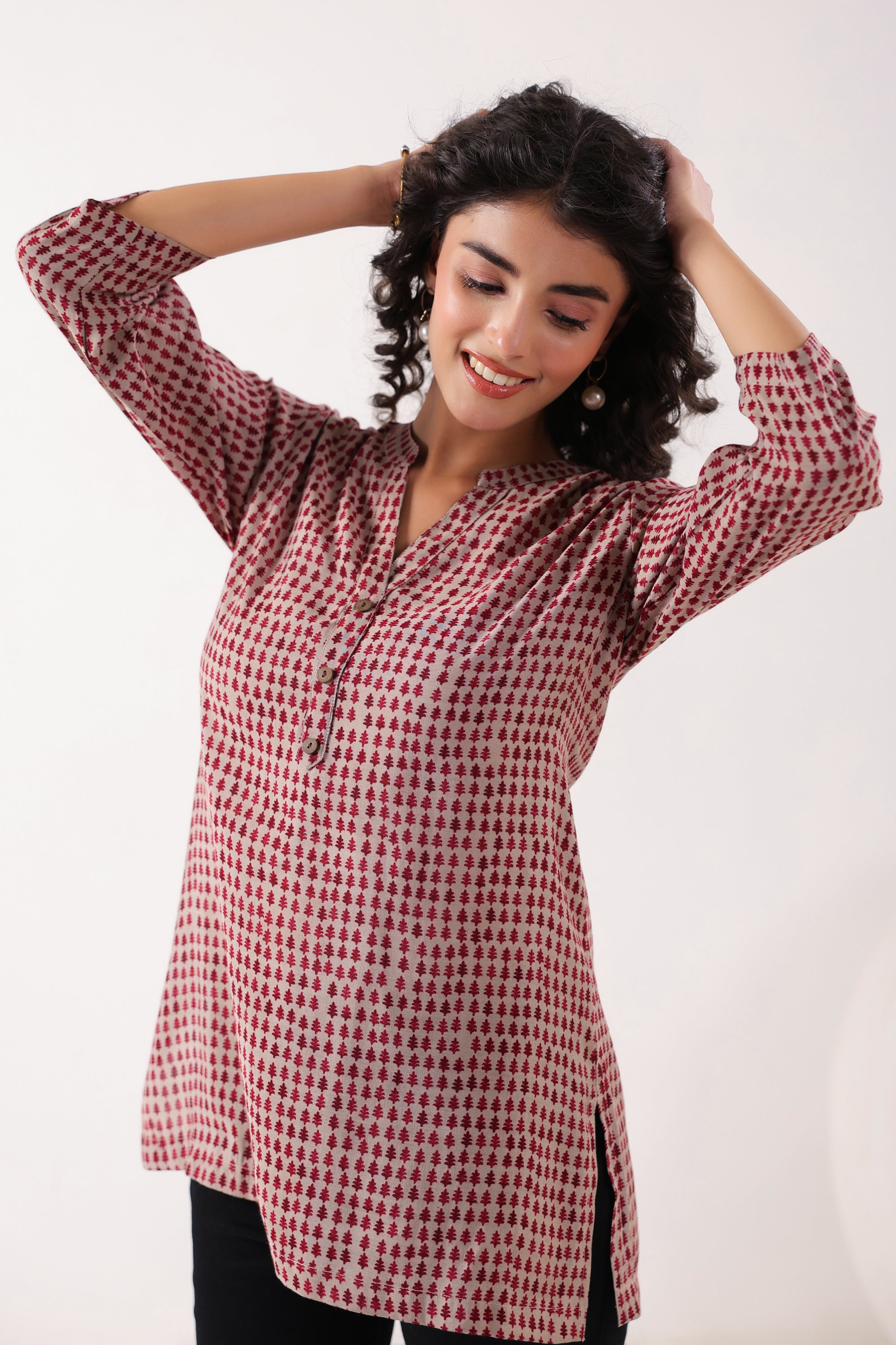 Red & Pink Geometric Muslin Top