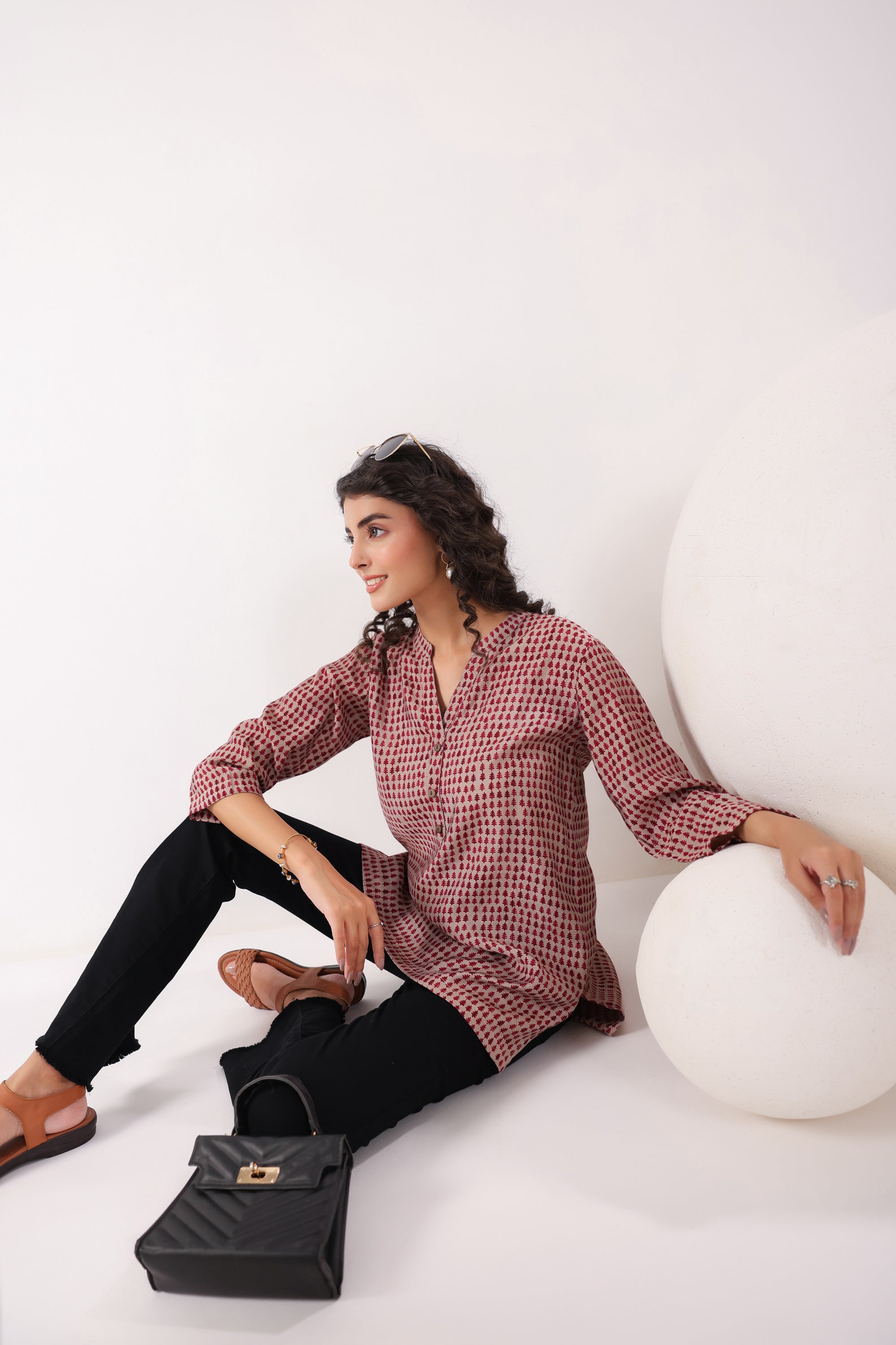 Red & Pink Geometric Muslin Top