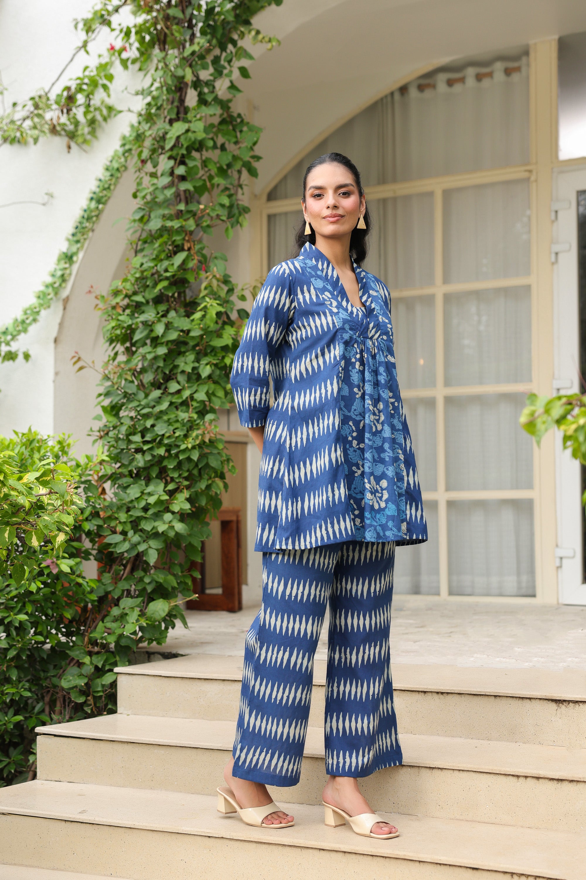 Blue Essence Ikat Fusion Printed Cotton Co-ord Set